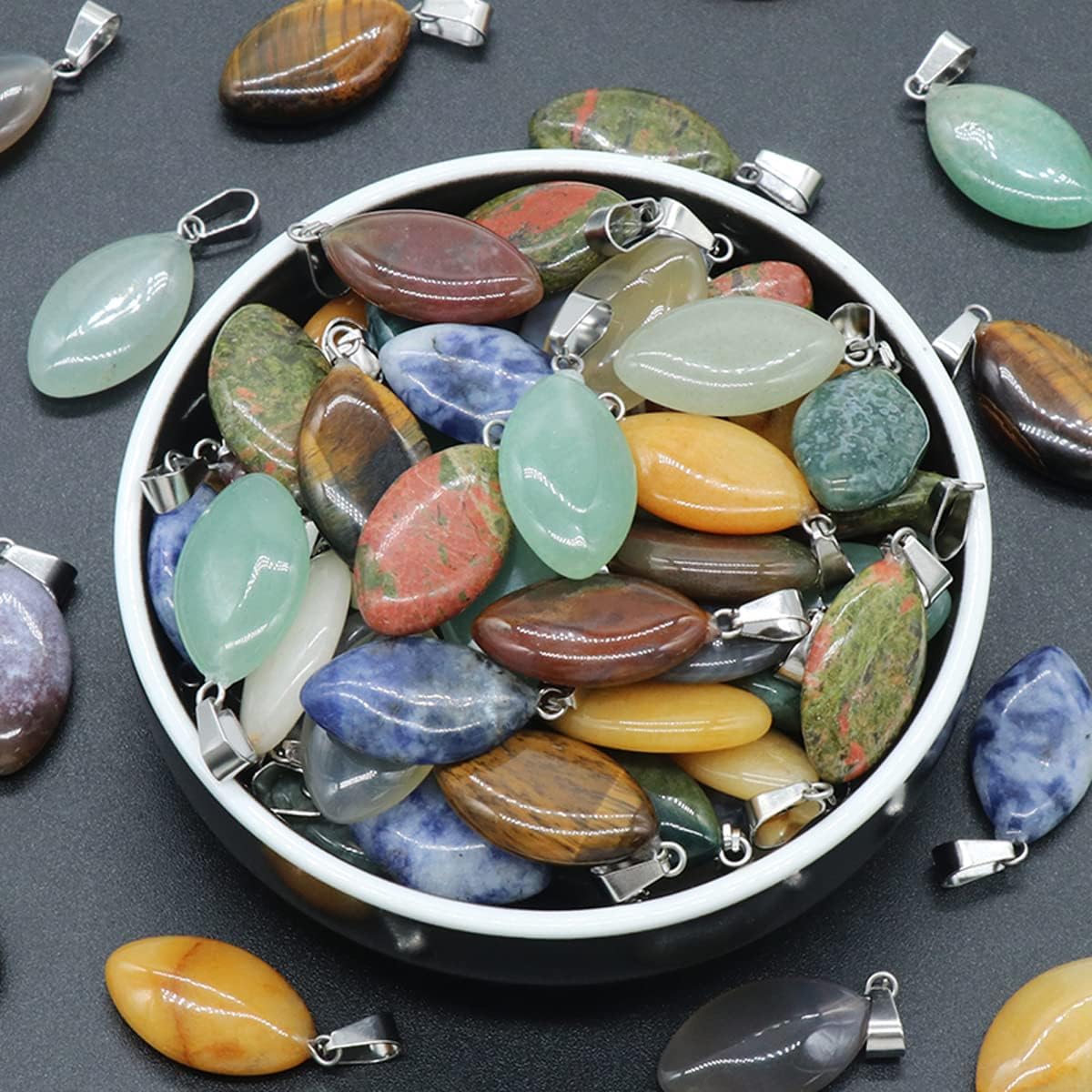 LHJ 20 colgantes de piedra natural con forma de marquesa de cristal de ágata de chakra para hacer joyas, collares, aretes, Piedra Piedra Ágata, no