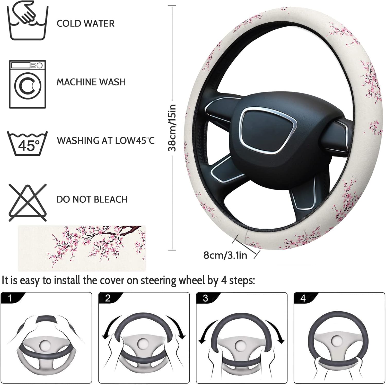 Funda para volante de automóvil, diseño de flores de cerezo japonés, esponja elástica elástica para volantes, funda protectora para vehículos,
