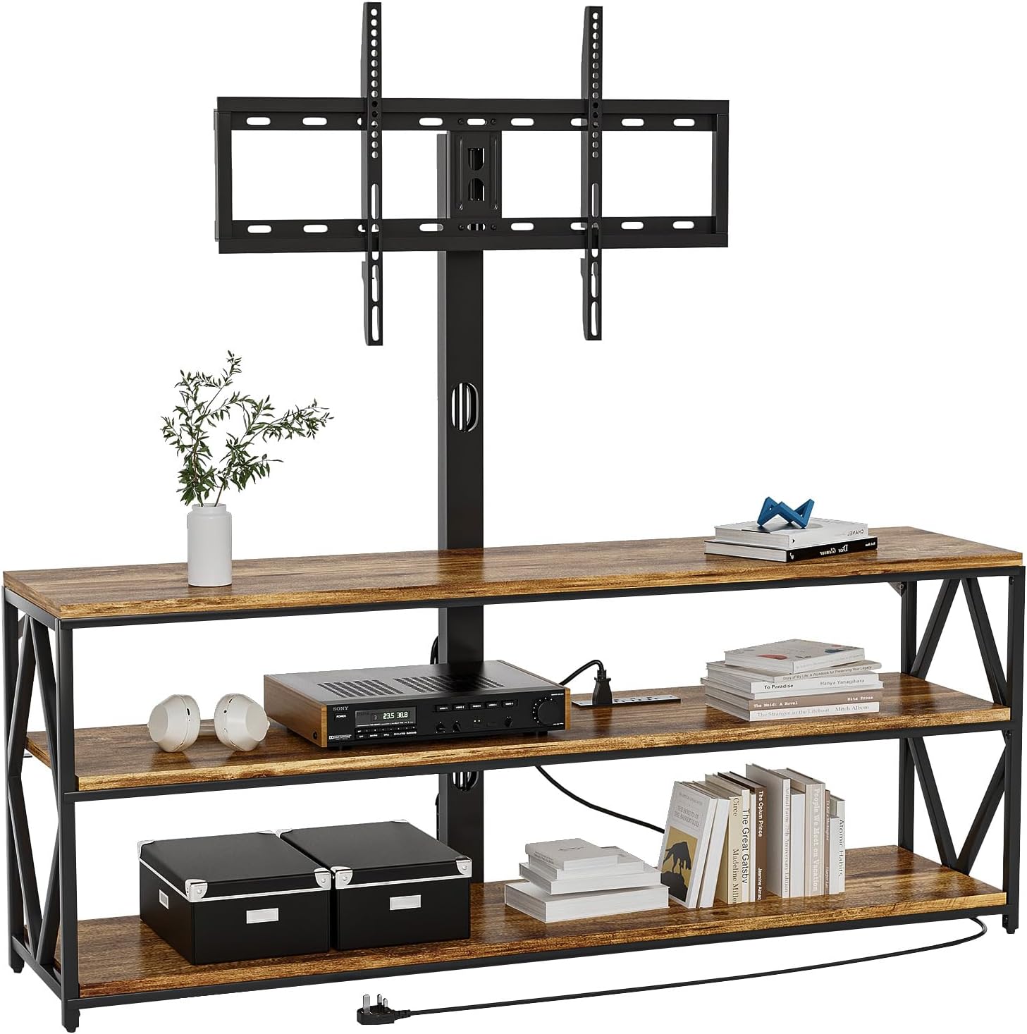 YESHOMY Soporte de TV giratorio con soporte para televisión de hasta 75 pulgadas, centro de entretenimiento con toma de corriente y estantes de