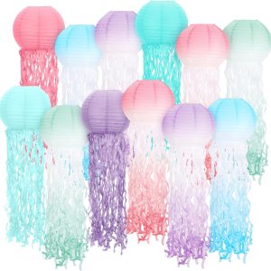 Retisee Juego de 12 linternas de papel de medusas, faroles colgantes de sirena bajo el mar, decoraciones para fiestas de cumpleaños, temática de Retisee Juego de 12 linternas de papel de medusas, faroles colgantes de sirena bajo el mar, decoraciones para fiestas de cumpleaños, temática de