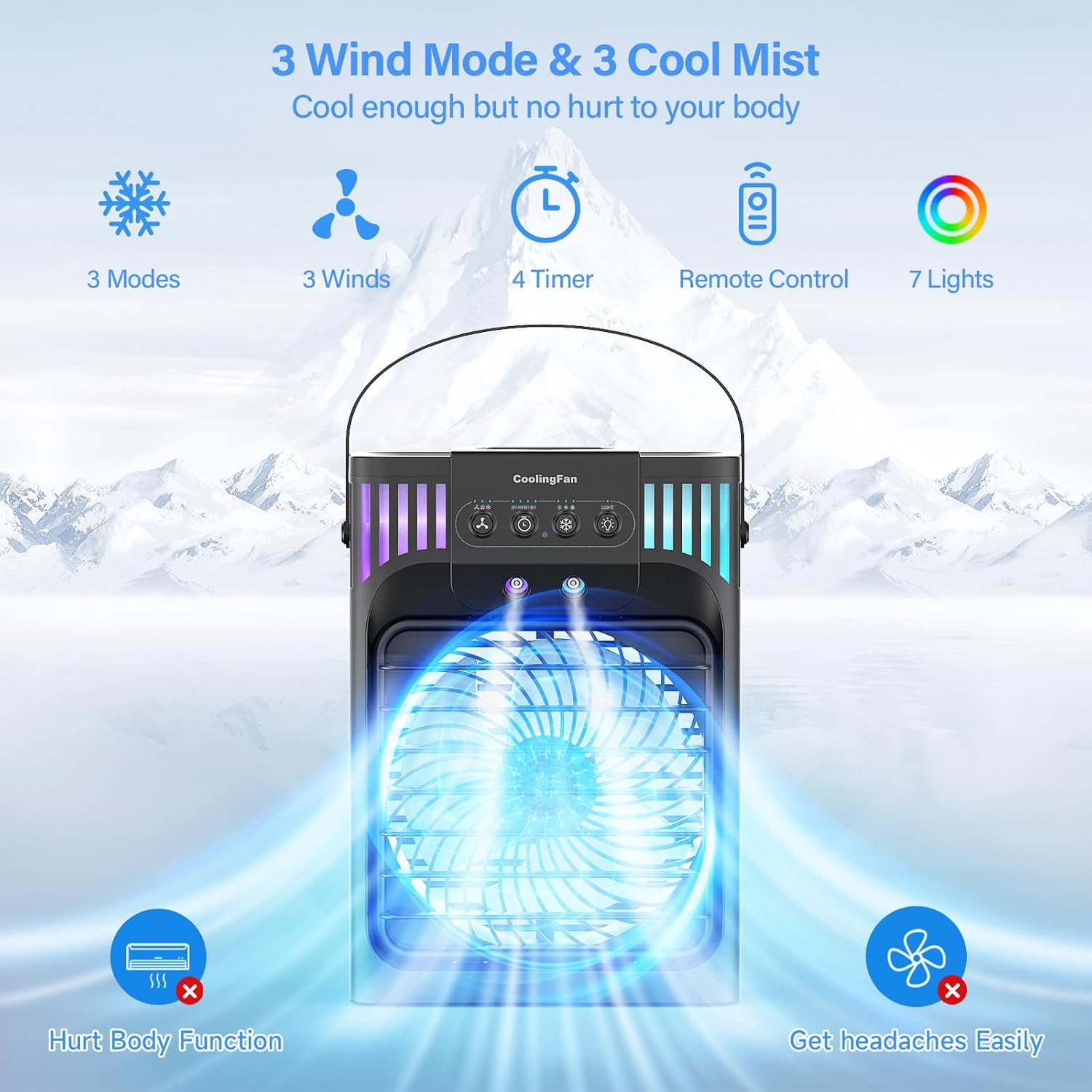 Aire acondicionado portátil, ventilador de refrigeración de 40.6 fl oz con control remoto, 3 velocidades de viento y 7 luces LED, 3 niebla fría y