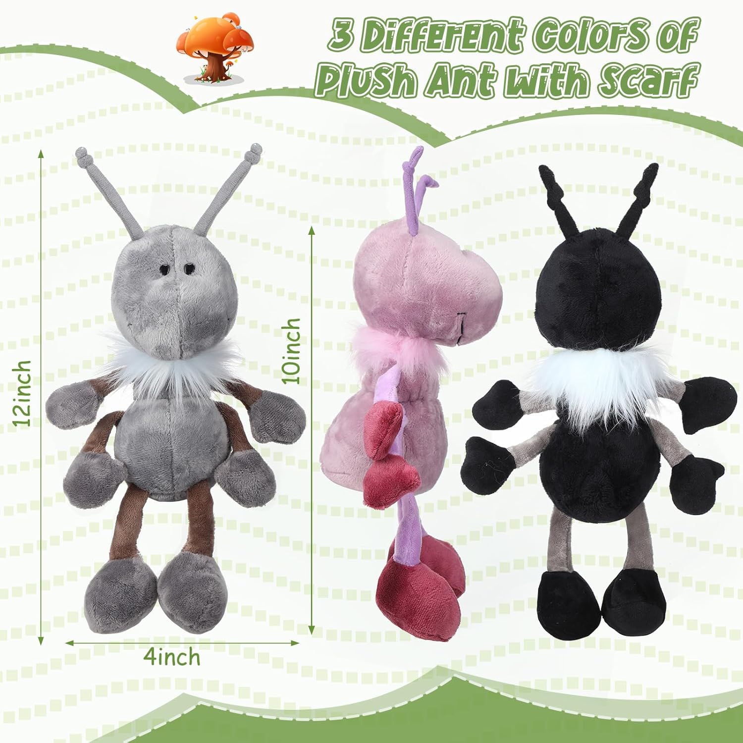 Shappy 3 piezas de peluche de hormigas con bufanda, animal de peluche suave de hormigas para cumpleaños, vacaciones, fiestas, regalos, decoración