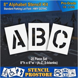 Juego de plantillas de pavimento de 8 pulgadas con alfabeto (28 piezas) de 8 x 6 x 18 pulgadas (128 mil), grado profesional Juego de plantillas de pavimento de 8 pulgadas con alfabeto (28 piezas) de 8 x 6 x 18 pulgadas (128 mil), grado profesional