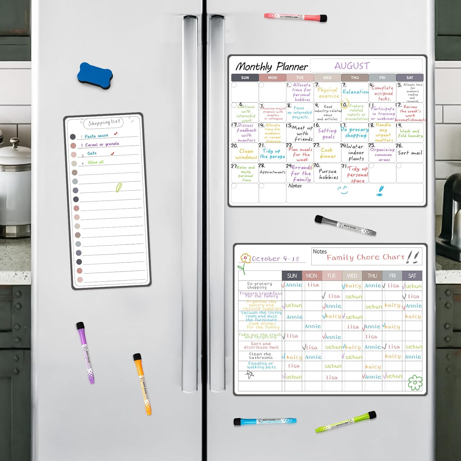 Juego de calendario mensual de 3 piezas de tabla magnética de tareas, 13 x 17 pulgadas, tablero de tareas de borrado en seco para nevera con pizarra