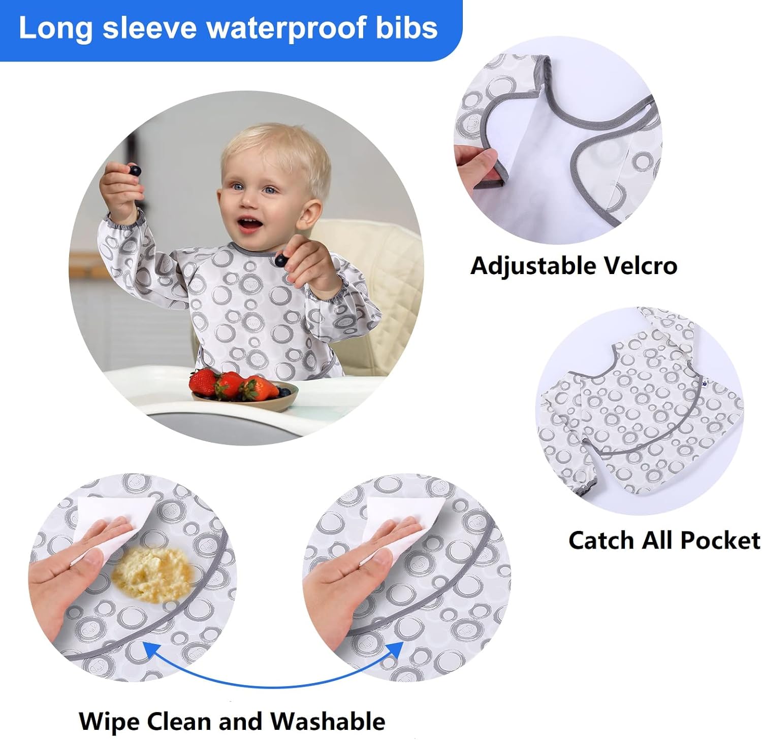 SPINFOX Paquete de 2 baberos impermeables para bebé, baberos para comer con bolsillo para atrapar alimentos, babero suave a prueba de desorden para