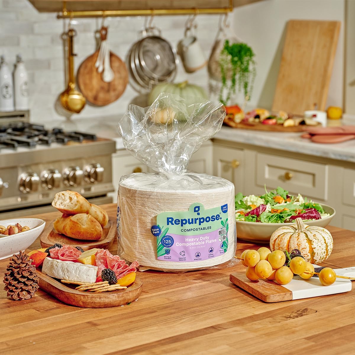 Repurpose – Platos compostables de 9 pulgadas, 125 unidades, 1 paquete, platos de papel resistentes aptos para microondas, alternativa a platos de