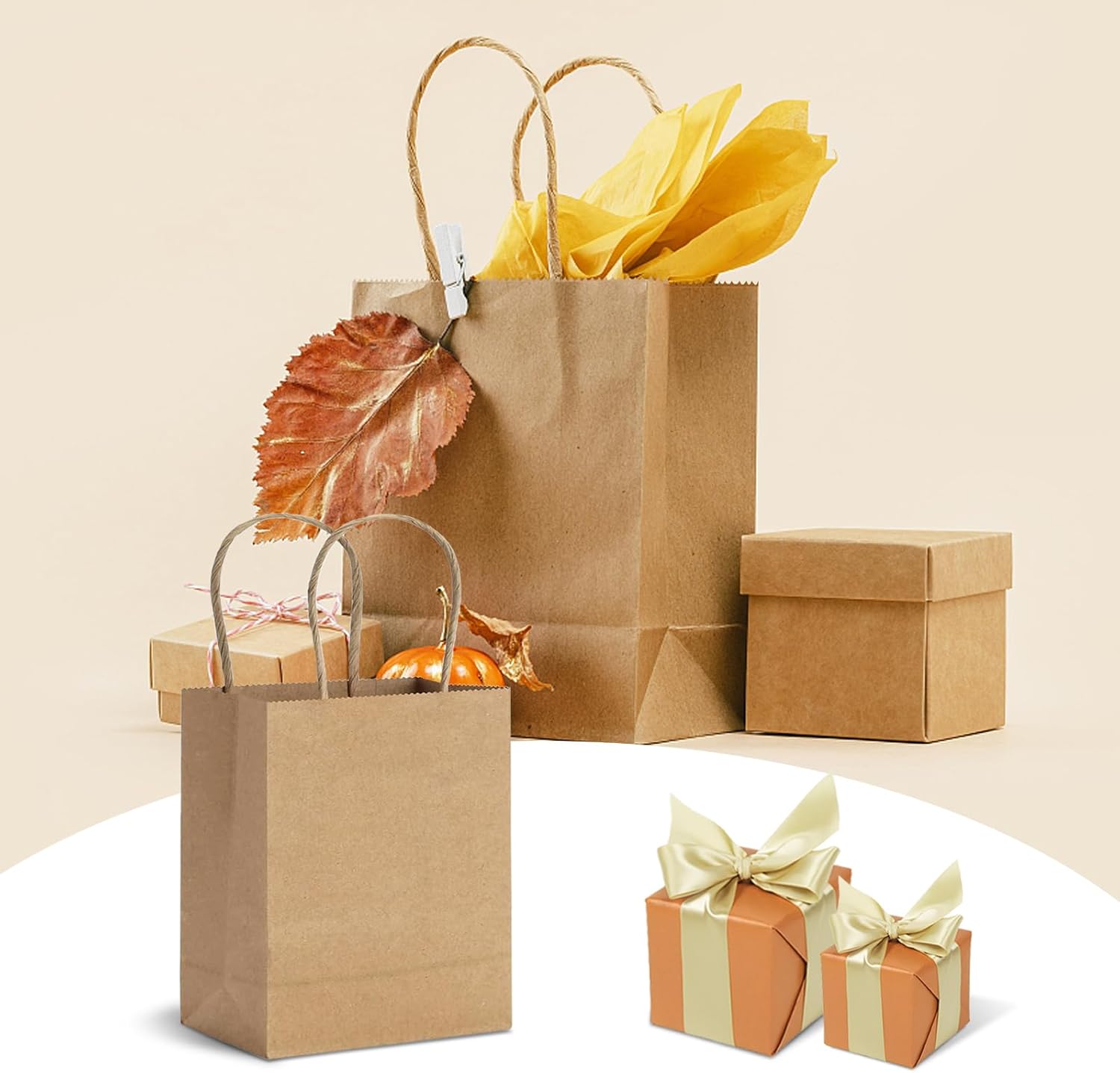 TOWRAP Bolsas de papel marrón con asas, 100 bolsas de regalo Kraft de 5 x 3 x 5 pulgadas, a granel, bolsas de compras, bolsas de fiesta, bolsas de