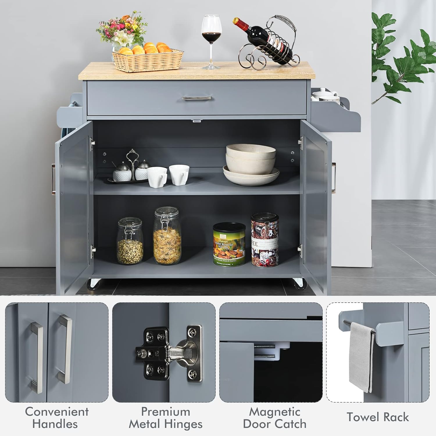Isla de cocina, carrito de almacenamiento rodante con cajones, armario grande, estante de especias y asa de toalla, carritos de cocina con ruedas