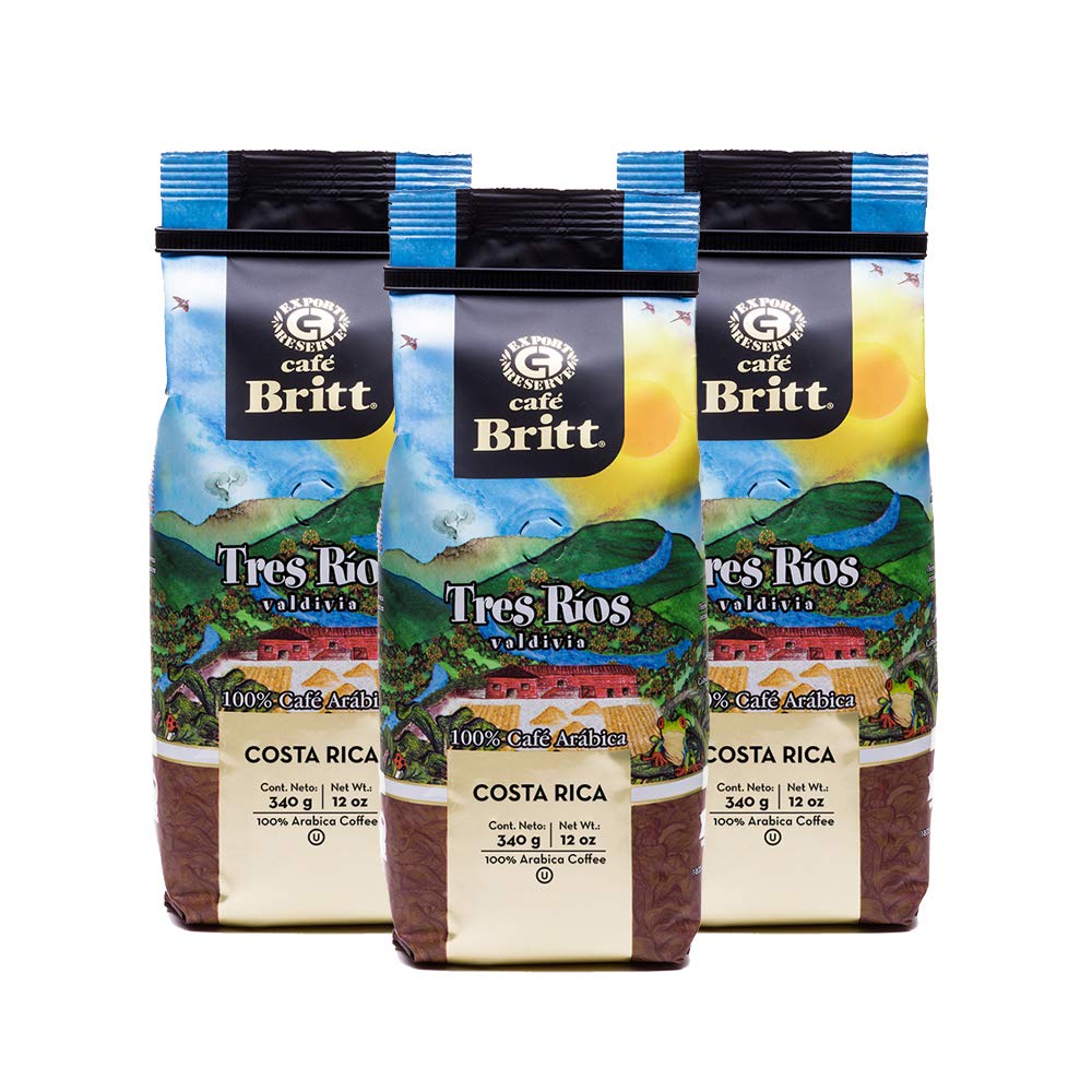 Café Britt – Café Costarricense Tres Rios Valdivia (12 onzas) (paquete de 3) – Café molido, arábica, kosher, sin gluten, 100% gourmet y tostado