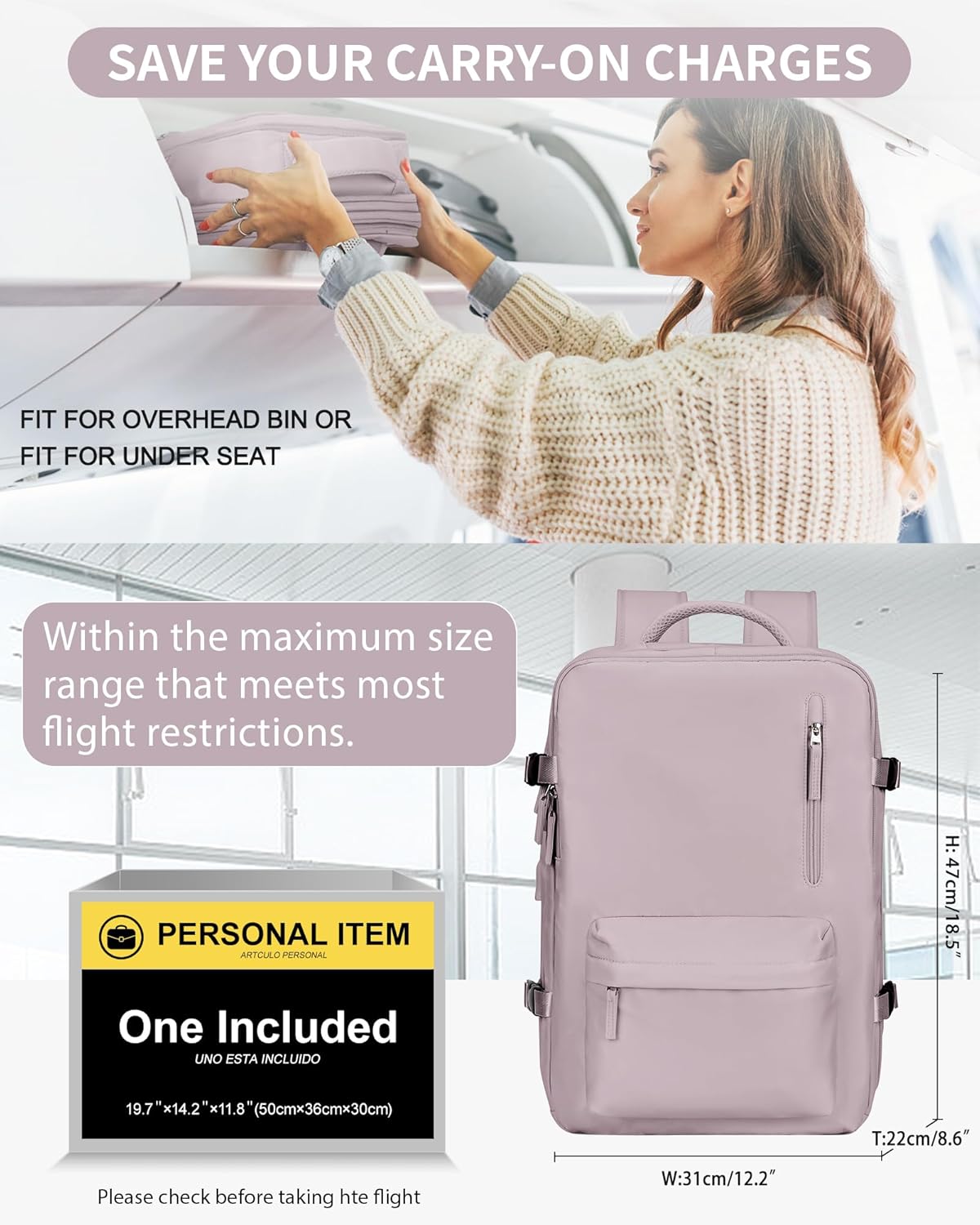 VECAVE Mochila de viaje para laptop, mochila aprobada para vuelos,Mochila deportiva para universidad casual, J-rosa-2