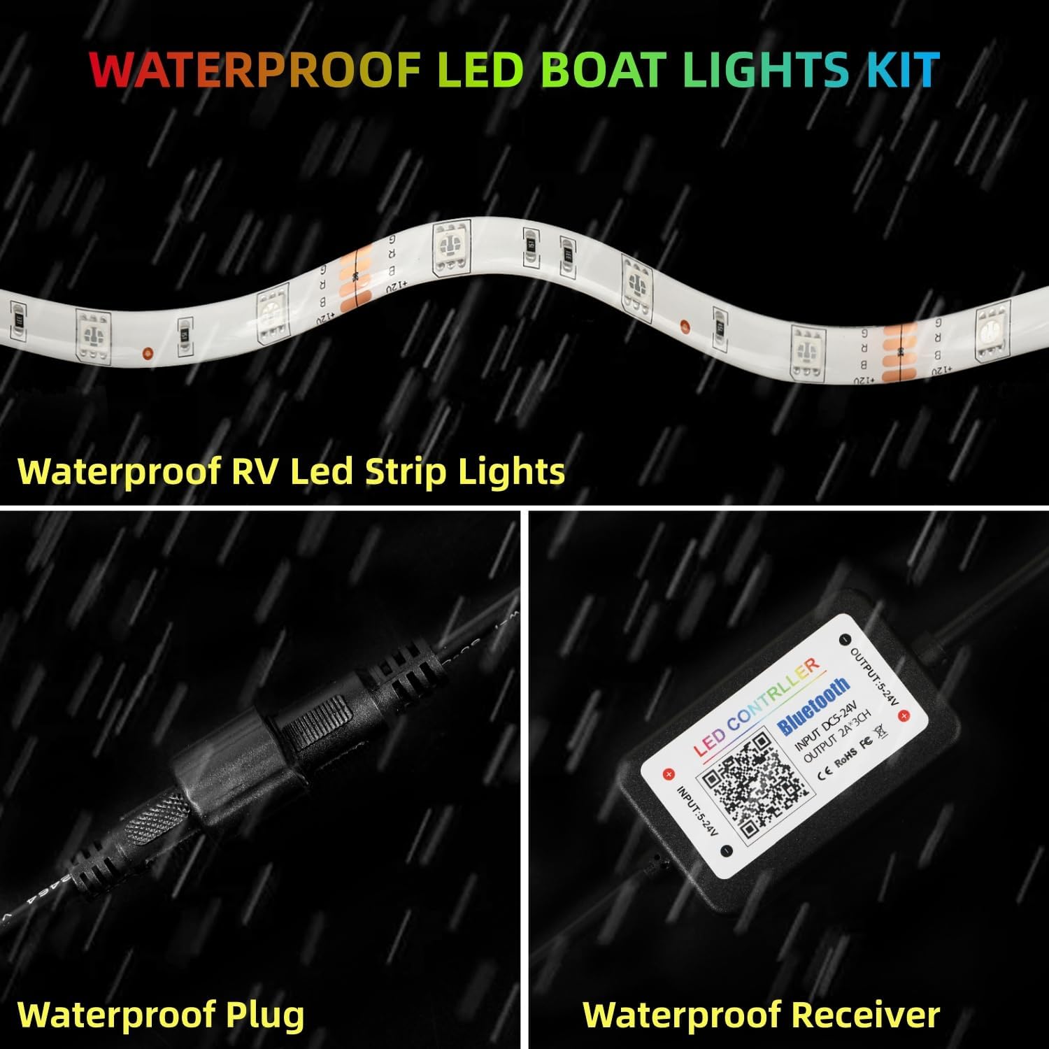Luces LED de barco de 55 pies, 12 V APP RF control remoto pontón, luces de tira marina RGB impermeable IP66, luz interior de barco, luz de cubierta