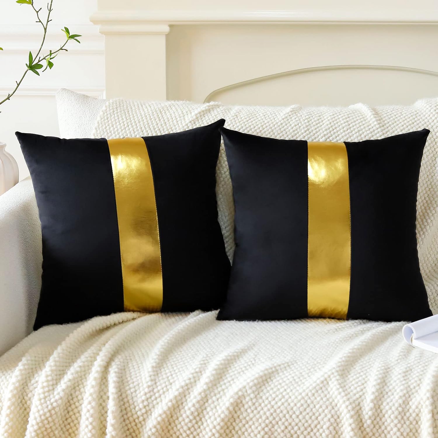 Artscope Juego de 2 fundas de almohada de terciopelo negro con costuras de cuero dorado, fundas de almohada cuadradas modernas y minimalistas para