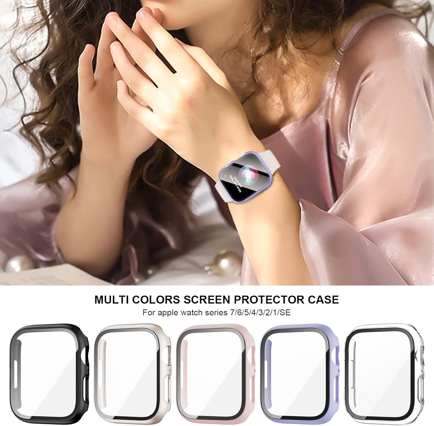Haojavo Paquete de 5 fundas con protector de pantalla de vidrio templado para Apple Watch Series 9, 8, 7, 1.772 pulgadas, policarbonato duro