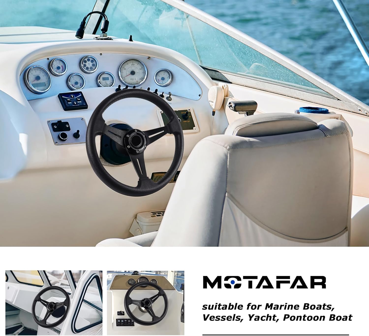 Volante de barco de 13.6 pulgadas con eje cónico de 34 pulgadas, volante de cuero de vinilo antideslizante para Seastar y Verad, etc. para barcos