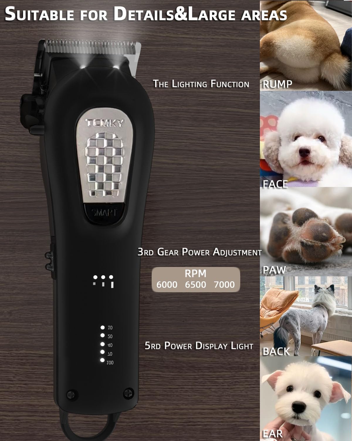 TCMKY Cortapelos para perros para aseo profesional, 3 velocidades, bajo ruido, alta potencia, recargable, herramientas inalámbricas para perros