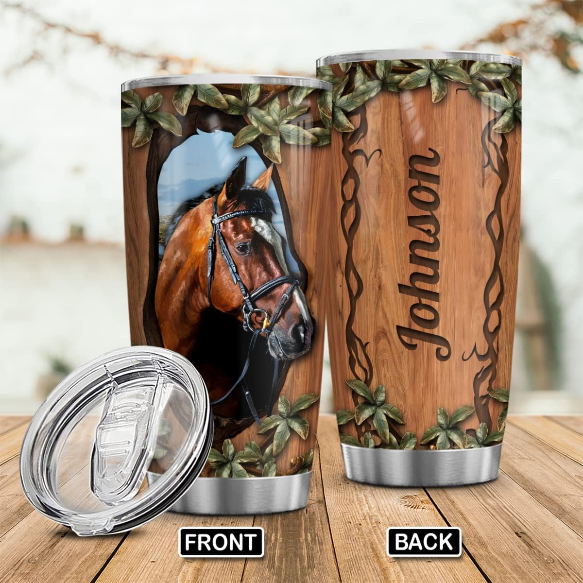 Wassmin Vaso de caballo personalizado con diseño de caballos, estilo de dibujo de madera, regalos de acero inoxidable aislado de 20 onzas, taza de