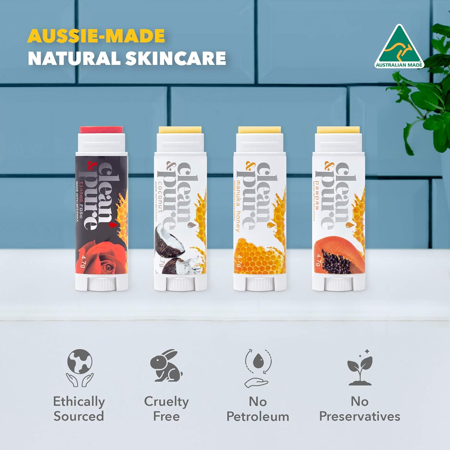 Clean & Pure Bálsamo labial – Bees Knees (paquete de 4)  Productos de belleza de miel de manuka  Aceite de vitamina E  Bálsamo labial saborizado