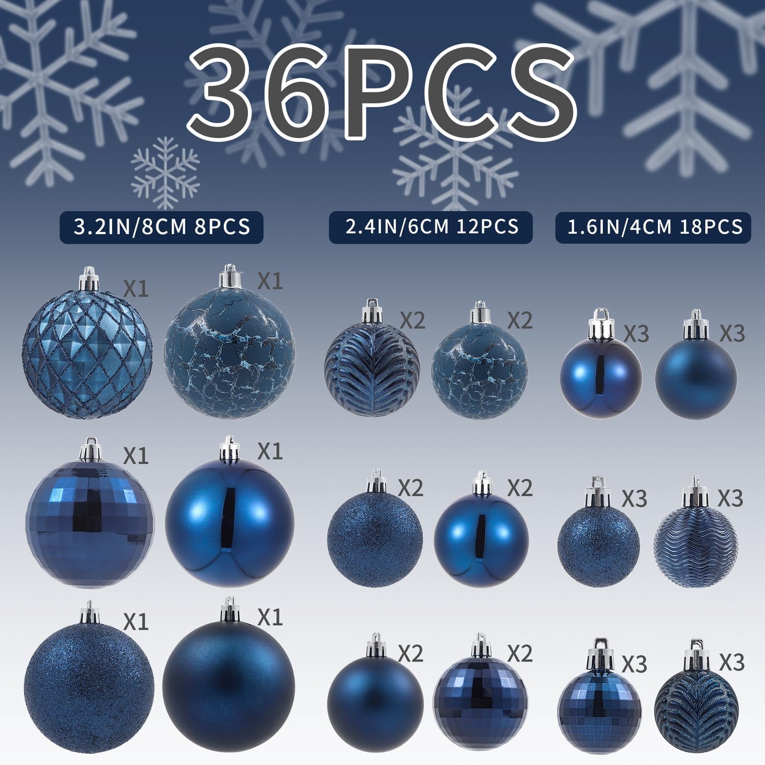 LANGXUN 36 bolas de decoración de árbol de Navidad color azul medianoche 2023, 6 bolas de Navidad de 3.2 pulgadas, 12 piezas de 2.4 pulgadas, 18