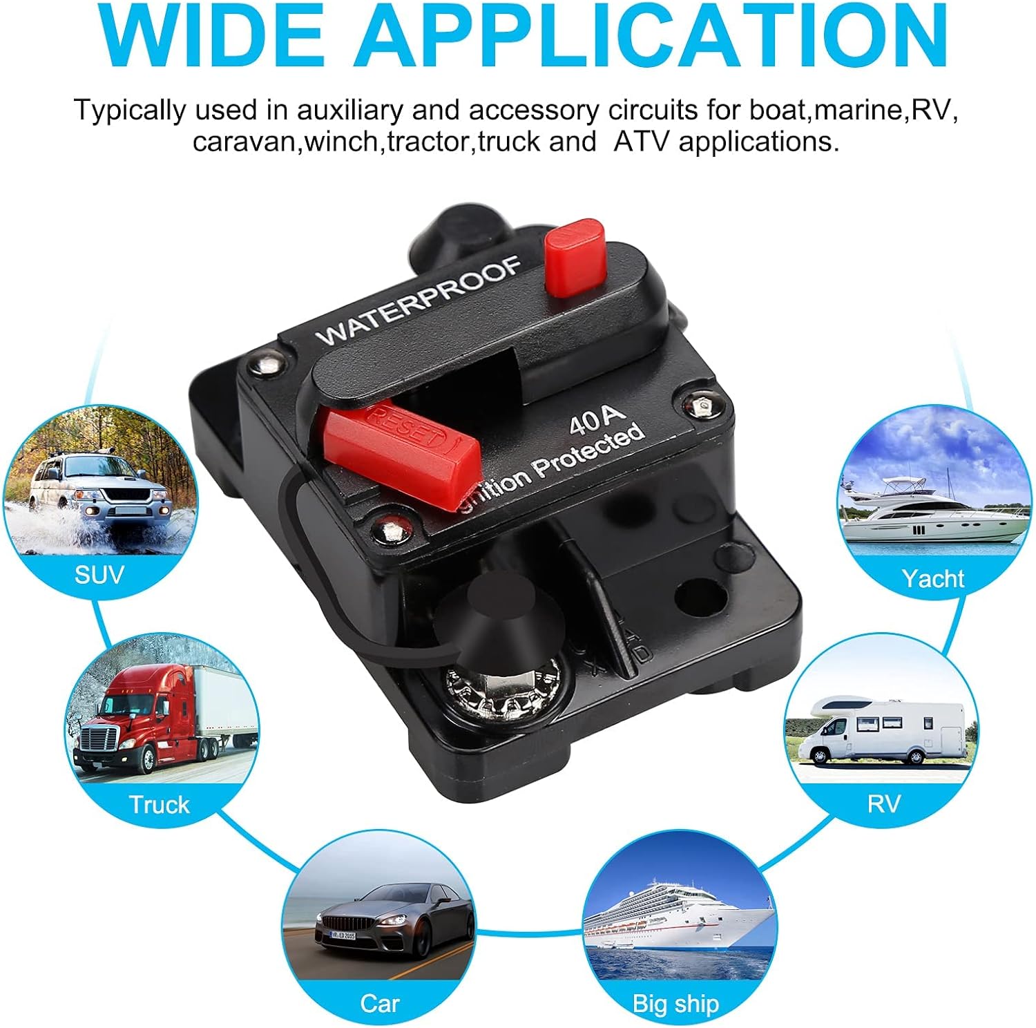 Disyuntor impermeable de 40 amperios, portafusibles, disyuntor de audio, con reinicio manual, 12V-48V CC, 30A-300A, para sistema de audio de barco