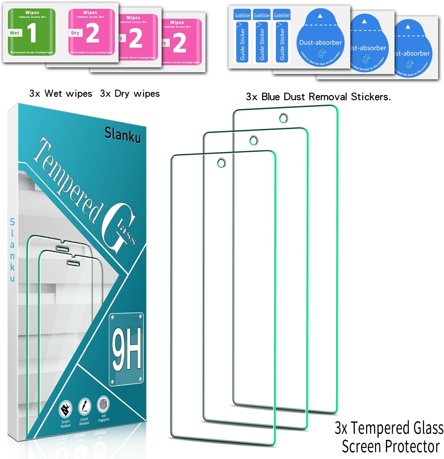 Slanku Paquete de 3 protectores de pantalla para Google Pixel 7 vidrio templado, compatible con lector de huellas dactilares, dureza 9H,