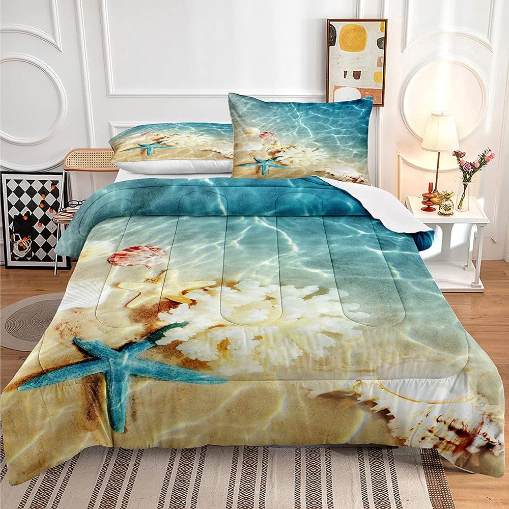 lris Bedding Juego de edredón de playa oceánica, juego de ropa de cama de moda verde azulado, patrón costero de naturaleza, juego de edredón de