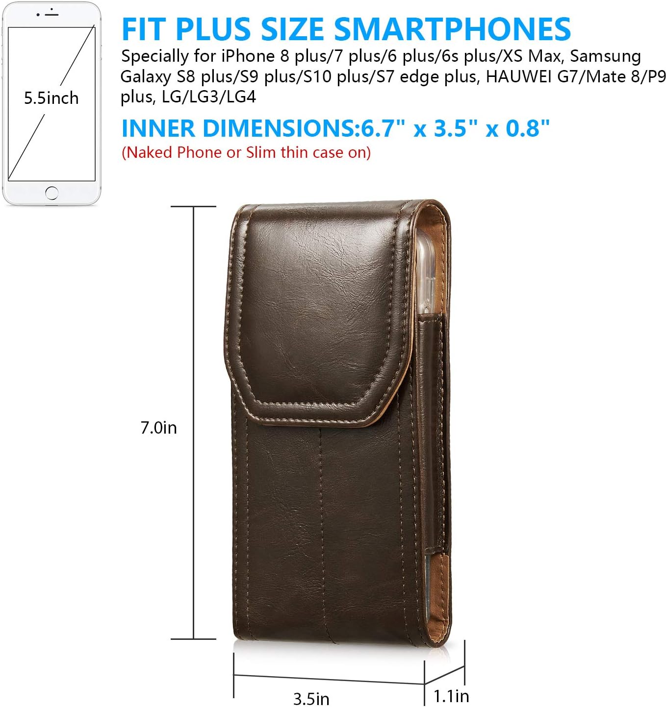 LUXMO – Funda vertical para teléfono, portátil, de piel, con clip para cinturón, bolsillo con anillo para colgar, compatible con iPhone 7 Plus 8