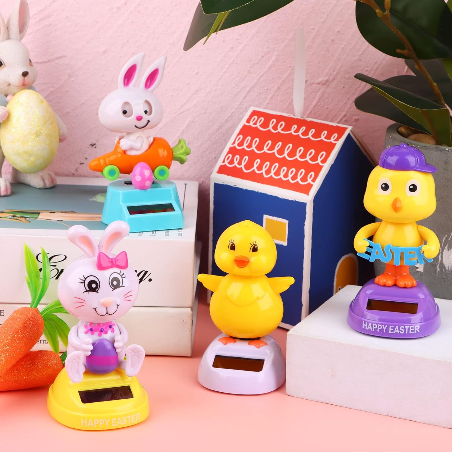 Paquete de 4 juguetes de baile de conejo de Pascua, juguetes de baile con energía solar, conejito de coche, muñeca bailarina, linda figura de