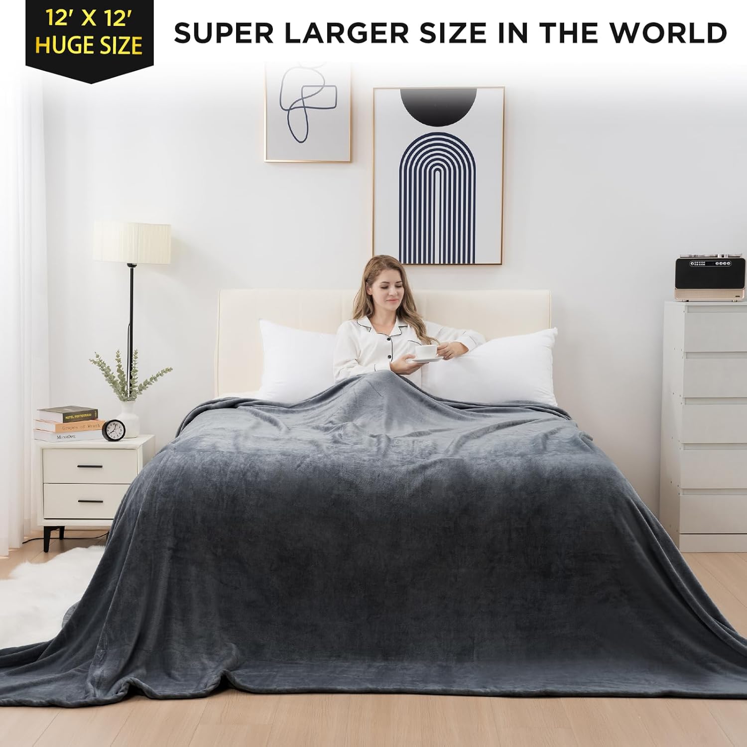 HOMFINE Manta de forro polar súper grande  Manta de gran tamaño King de 140 x 140 pulgadas, suave y acogedora manta de franela extra grande de 15.58