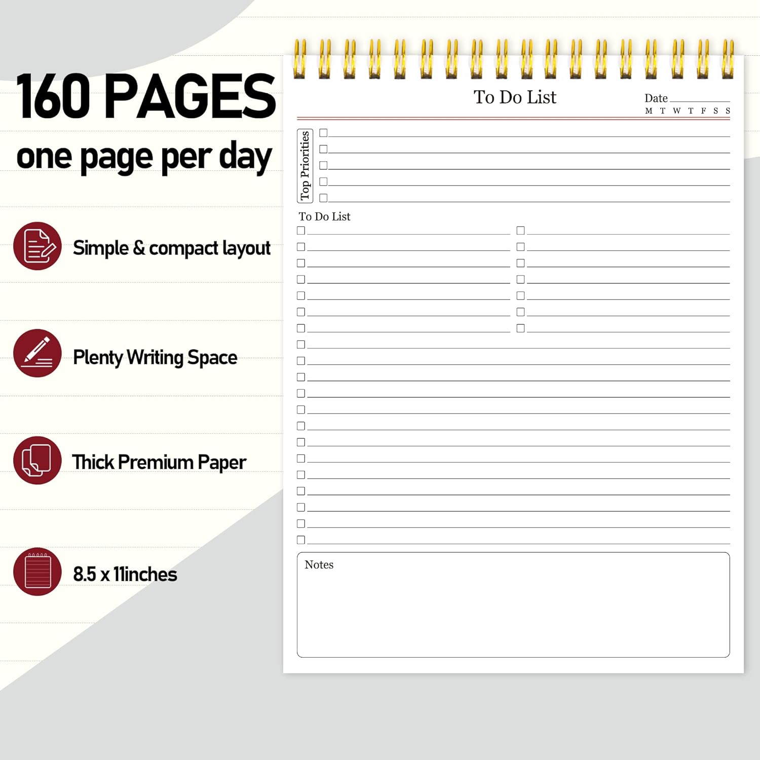 Bloc de notas de lista de tareas, planificador diario de 160 páginas, bloc de notas de doble cara de uso para hacer lista, 6.5 x 9.8 pulgadas,