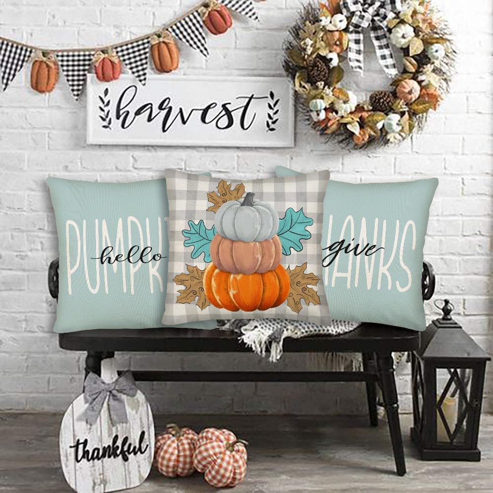 Juego de 4 fundas de almohada de otoño de 22 x 22 pulgadas, diseño de búfalo con texto en inglés “Hello Pumpkin Give Though”, a cuadros, decoración