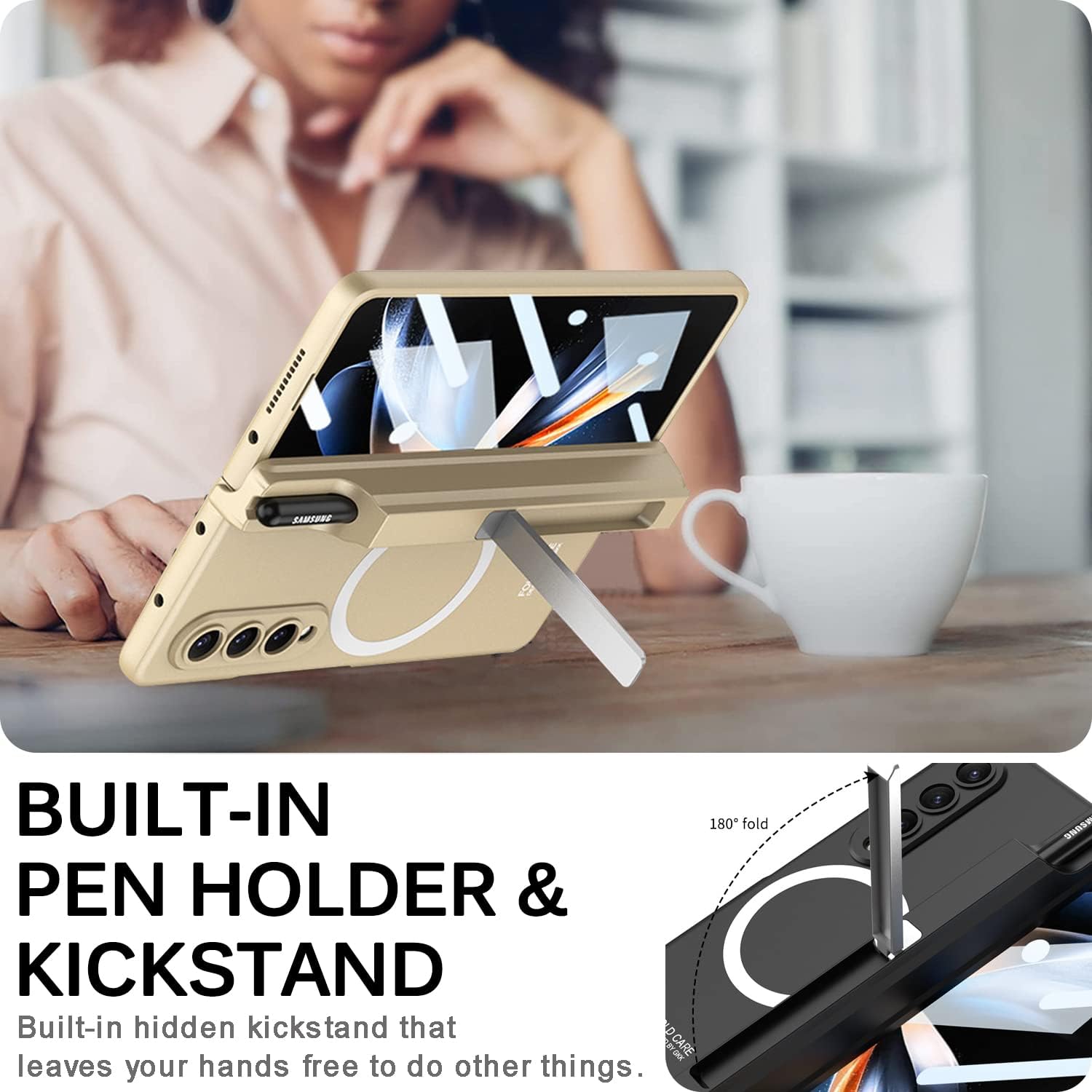 Miimall – Funda para Samsung Galaxy Z Fold 4 con soporte para bolígrafo, protector de pantalla integrado, soporte y funda de protección de bisagra