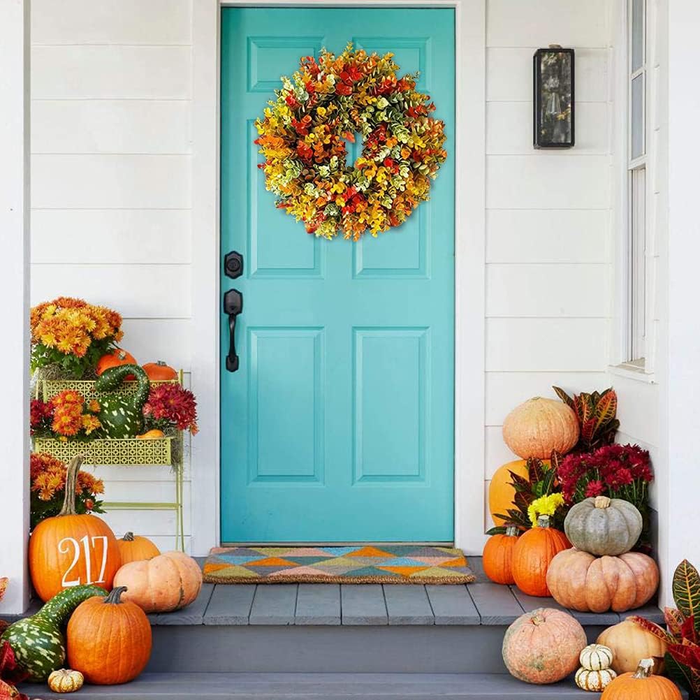 Corona de otoño de simulación de corona de otoño, guirnalda colorida de eucalipto de otoño para puerta delantera, decoración de Acción de Gracias (1)