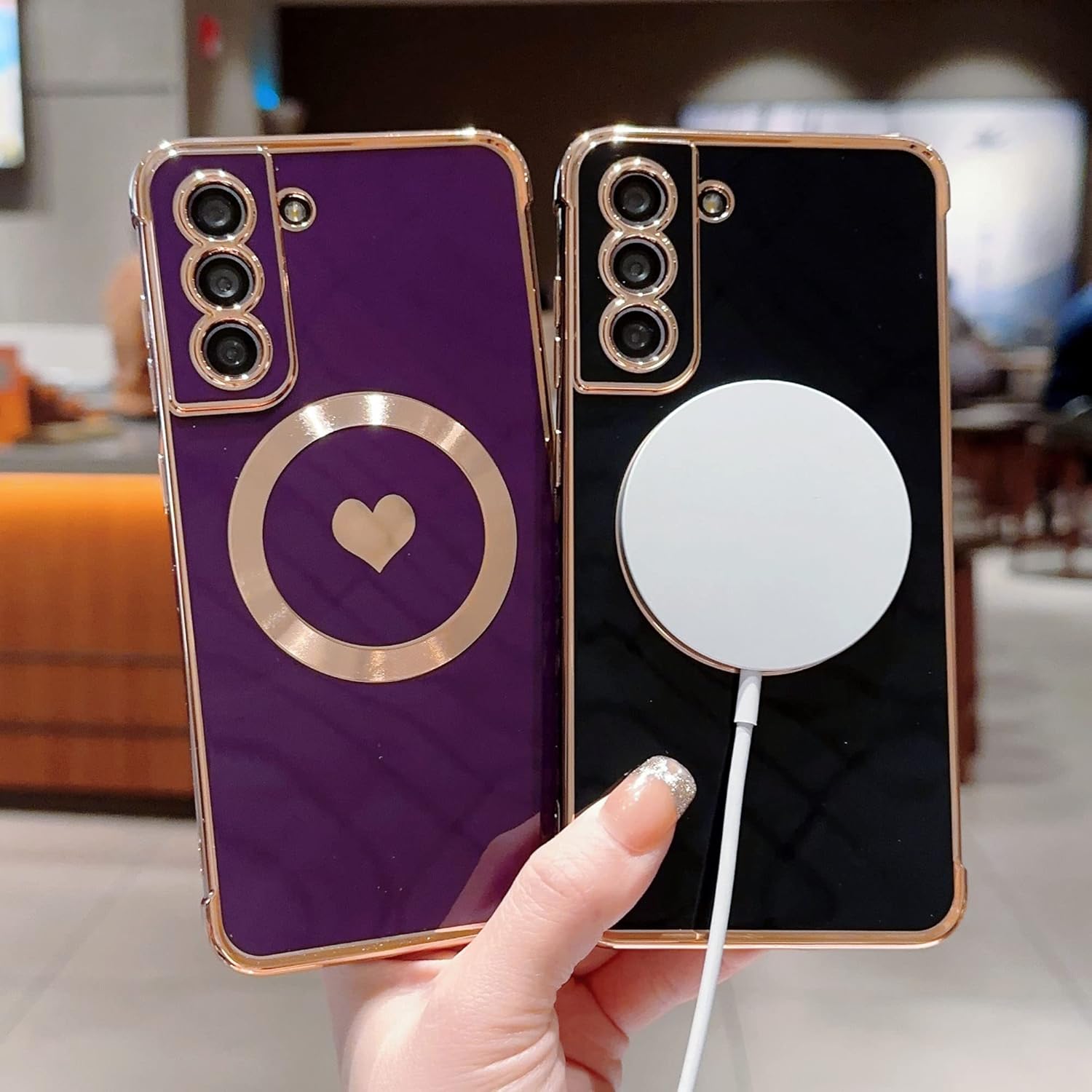 phylla Funda magnética para Samsung Galaxy S21 FE 0.18 oz Compatible con MagSafe Funda protectora de corazón chapado de lujo para mujer, suave, a