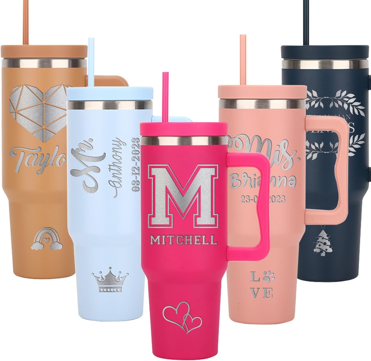 Vaso personalizado con asa, taza de viaje de acero inoxidable aislada personalizada de 40 onzas con nombre grabado y tapa con pajilla, regalos