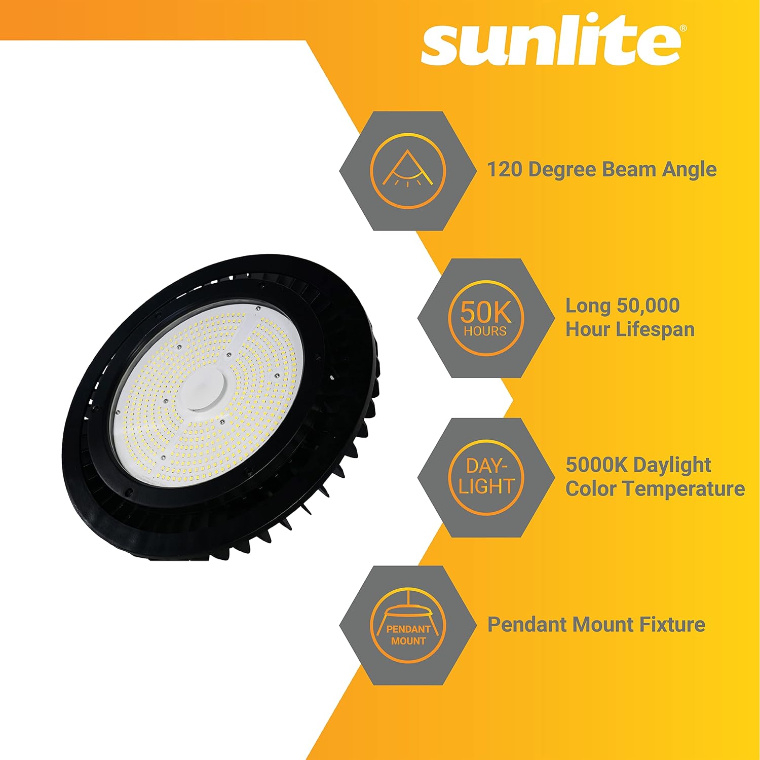 Sunlite 89688 LED comercial UFO High Bay Fixture, 300 vatios, 45000 lúmenes, 5000K Super White, 70 CRI, UL listado, negro, para almacenes, fábricas