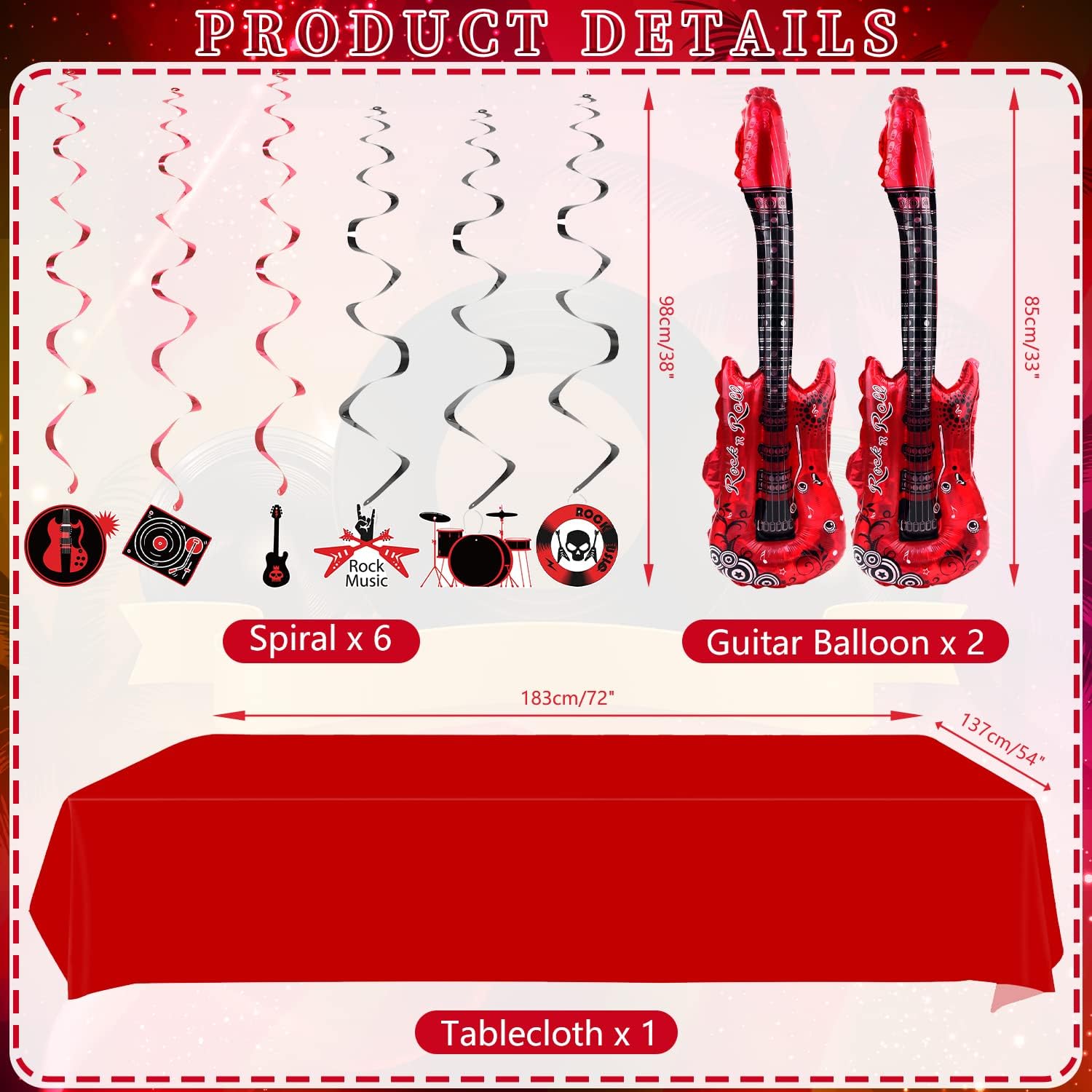 Decoraciones de fiesta de rock and roll, incluyendo pancarta de Born to Rock, remolinos colgantes, adornos para pasteles, globos, pulseras,