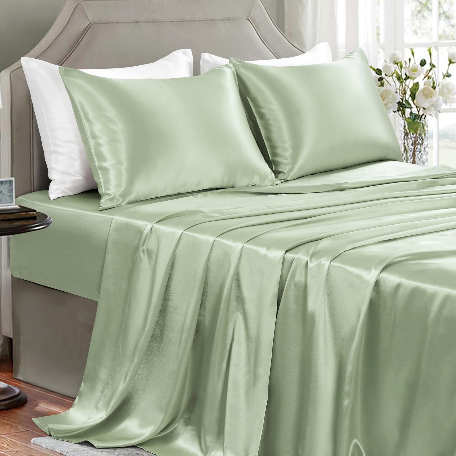 Sábanas de satén tamaño matrimonial 4 piezas de sábanas de lujo suaves y sedosas, juego de sábanas de seda satinada verde salvia sin arrugas con 1