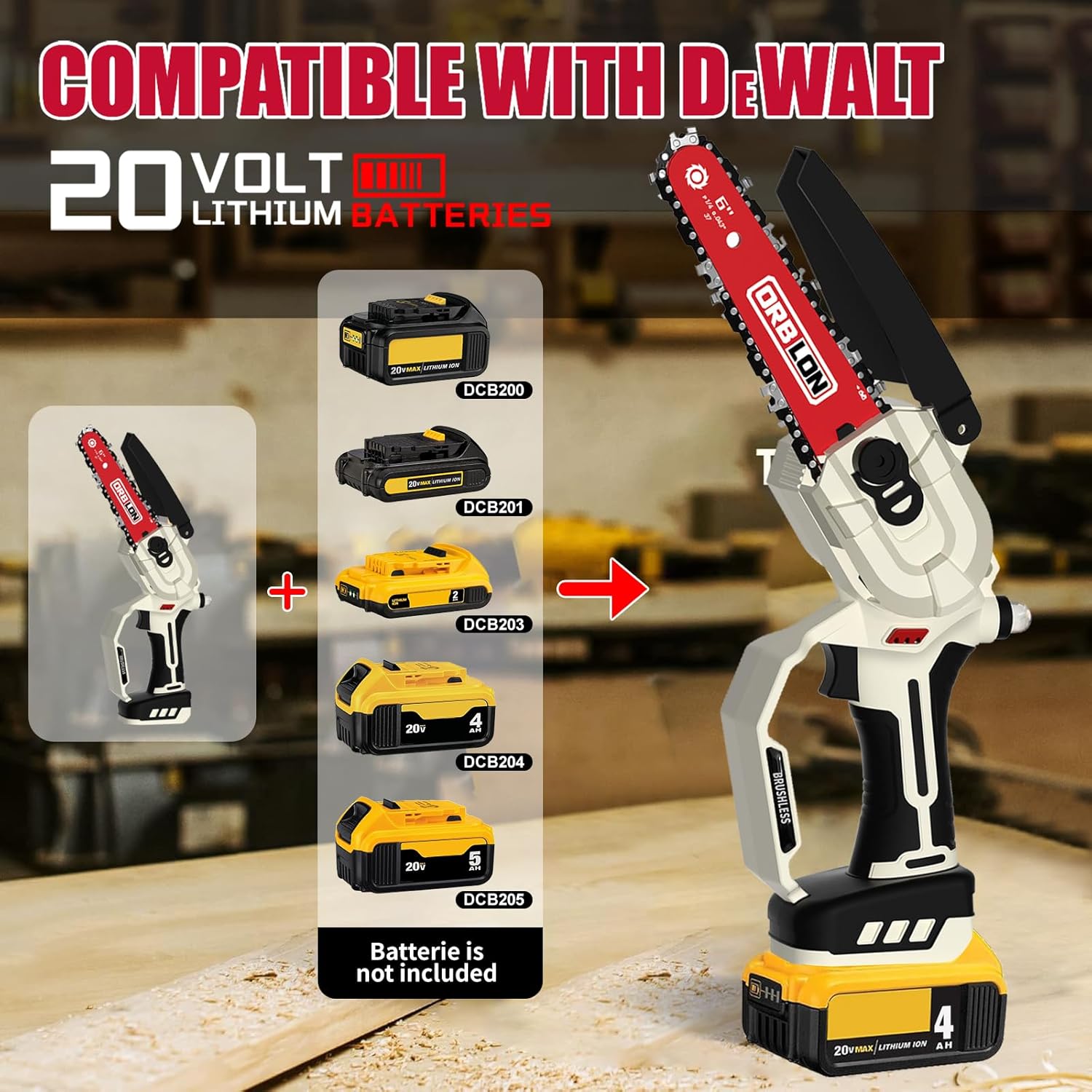 Mini motosierra inalámbrica para batería DeWALT de 20 V máximo, motosierra sin escobillas de 6 pulgadas más con dispositivo de tensión automática de