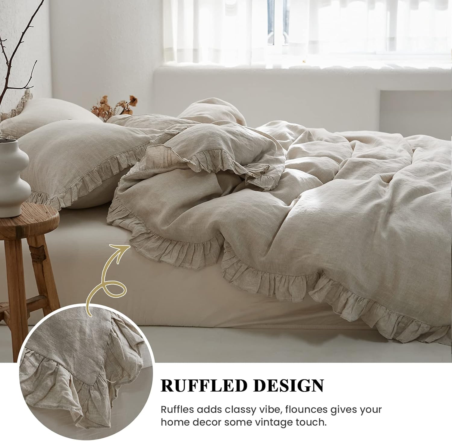 Simple&Opulence – Juego de funda de duvet de 3 piezas tamaño full, 100% lino lavado con volantes, incluye 1 funda de duvet y 2 fundas de almohada