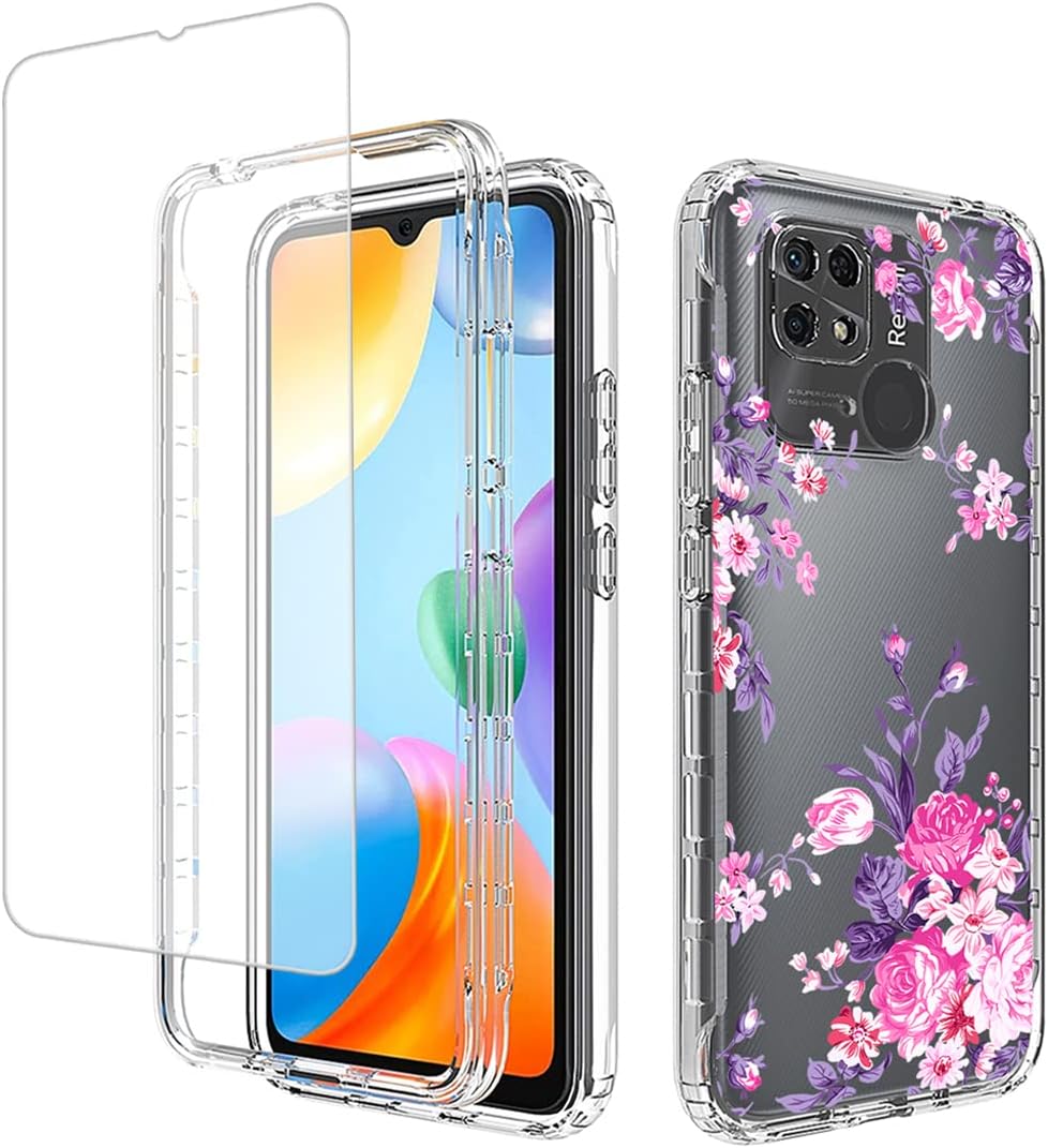 Funda para Redmi 10C 220333QBI con protector de pantalla de vidrio templado, suave 360 cuerpo completo a prueba de golpes híbrido parachoques