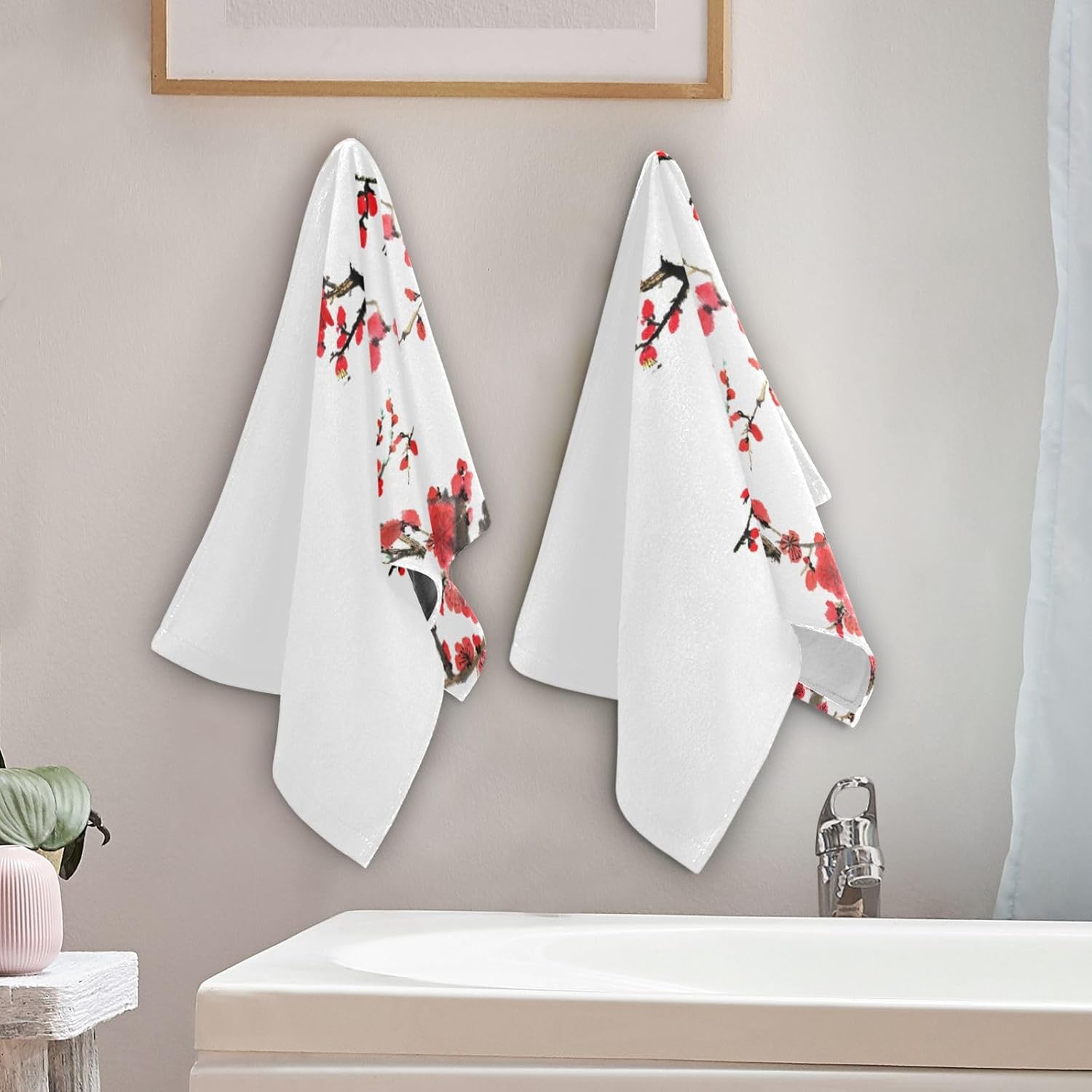 HATESAH Paquete de 2 toallas de mano con diseño de flor de cerezo rojo, toallas de baño absorbentes de microfibra asiática japonesa con tinta de