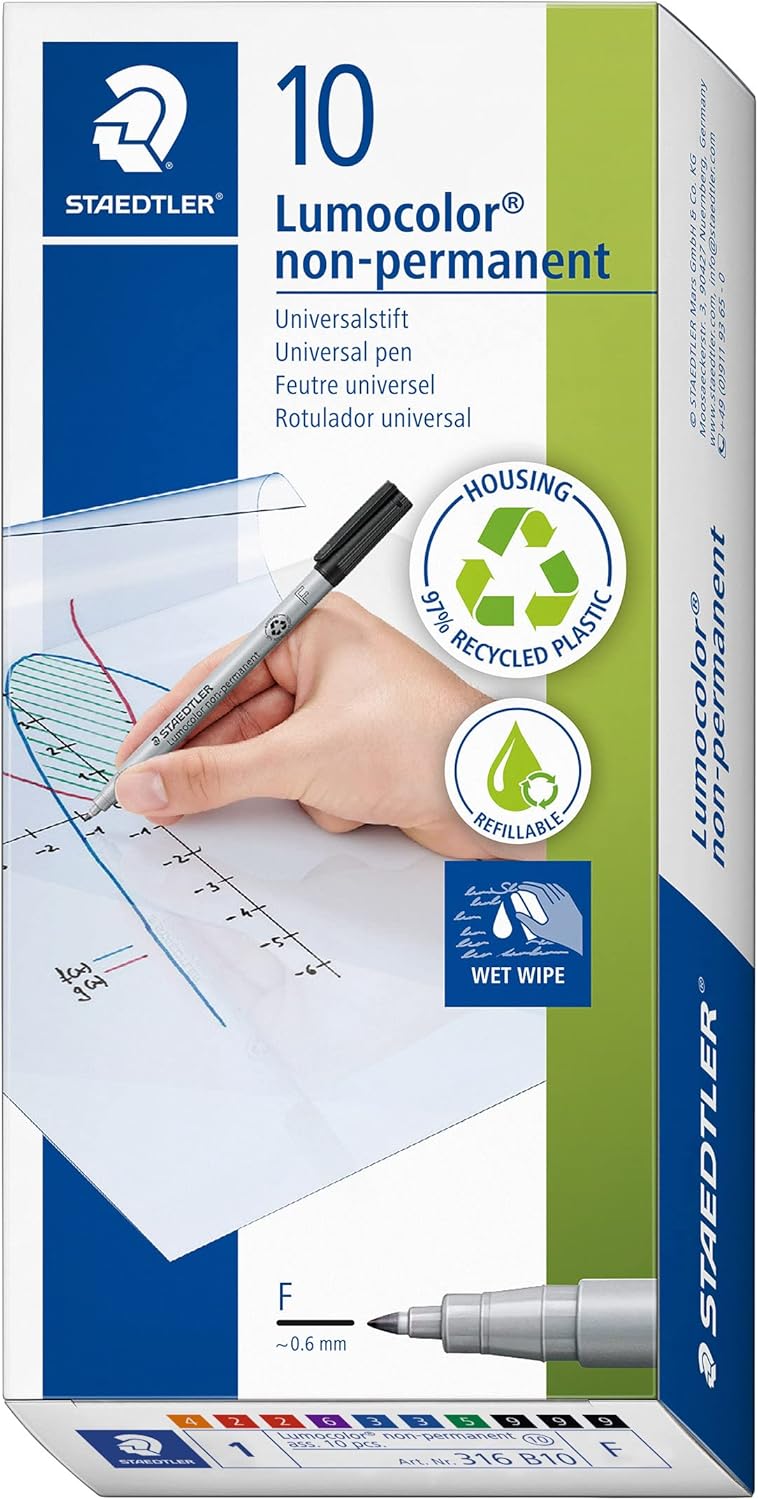 STAEDTLER 316 B10 Lumocolor – Bolígrafo no permanente, ancho de línea fina, 0.024 in, colores surtidos (paquete de 10)