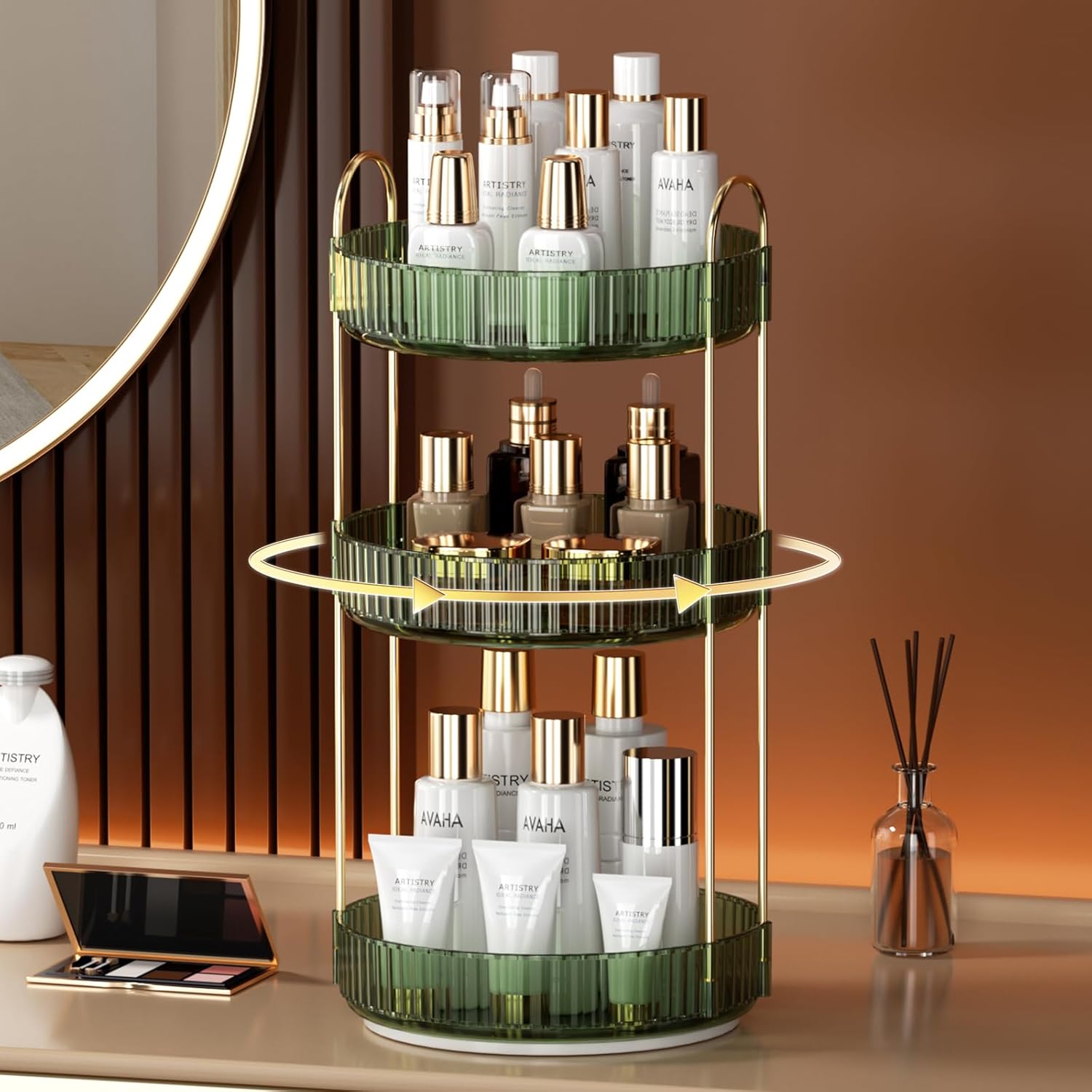 YCIA&DONE Organizador de maquillaje giratorio 360 y almacenamiento para encimera de tocador, 3 niveles, organizador de perfumes cosméticos de alta