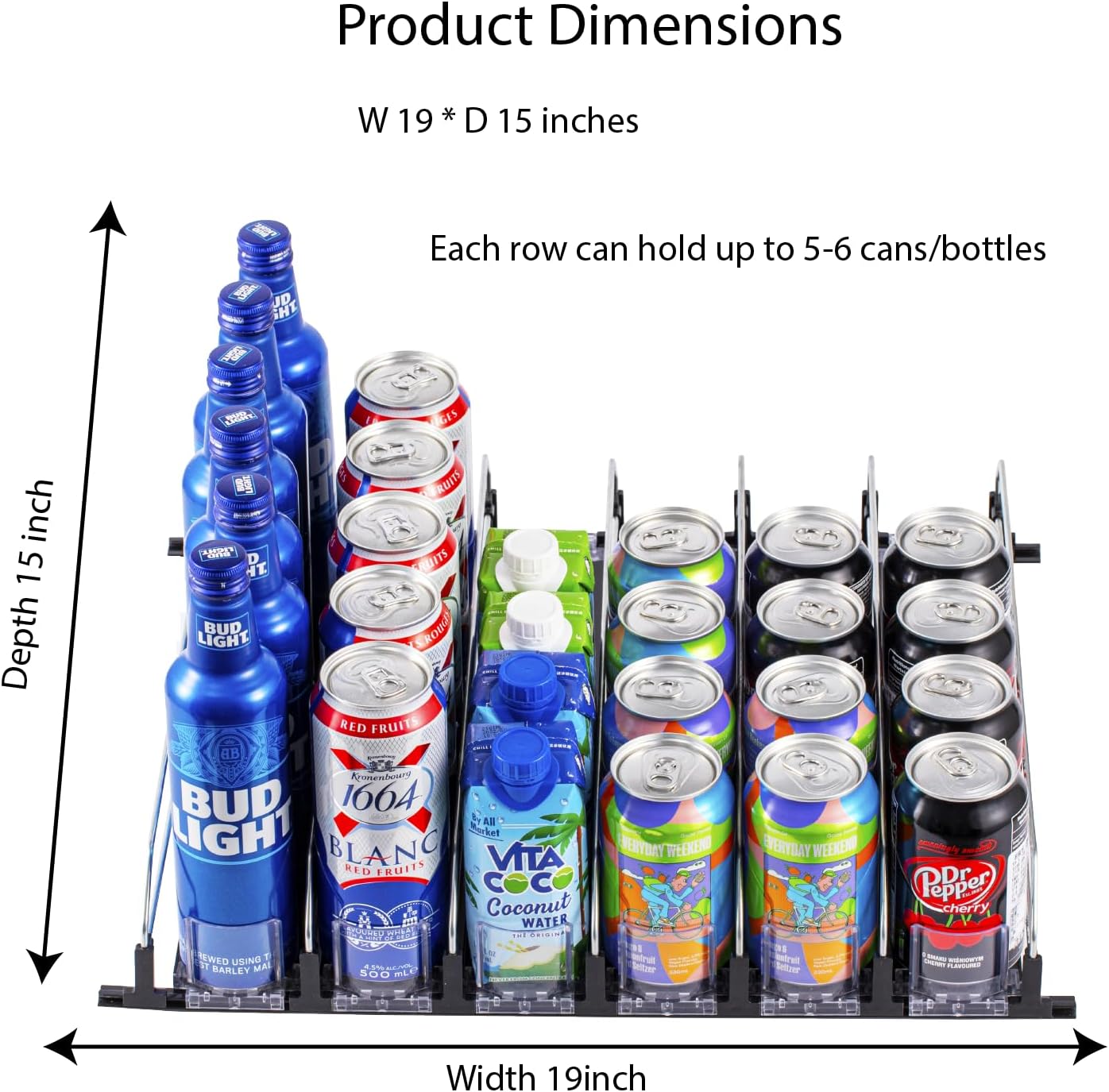 RULA Organizador de bebidas para refrigerador, dispensador de latas de soda autoempujable para refrigerador, ancho ajustable, empujador de botella