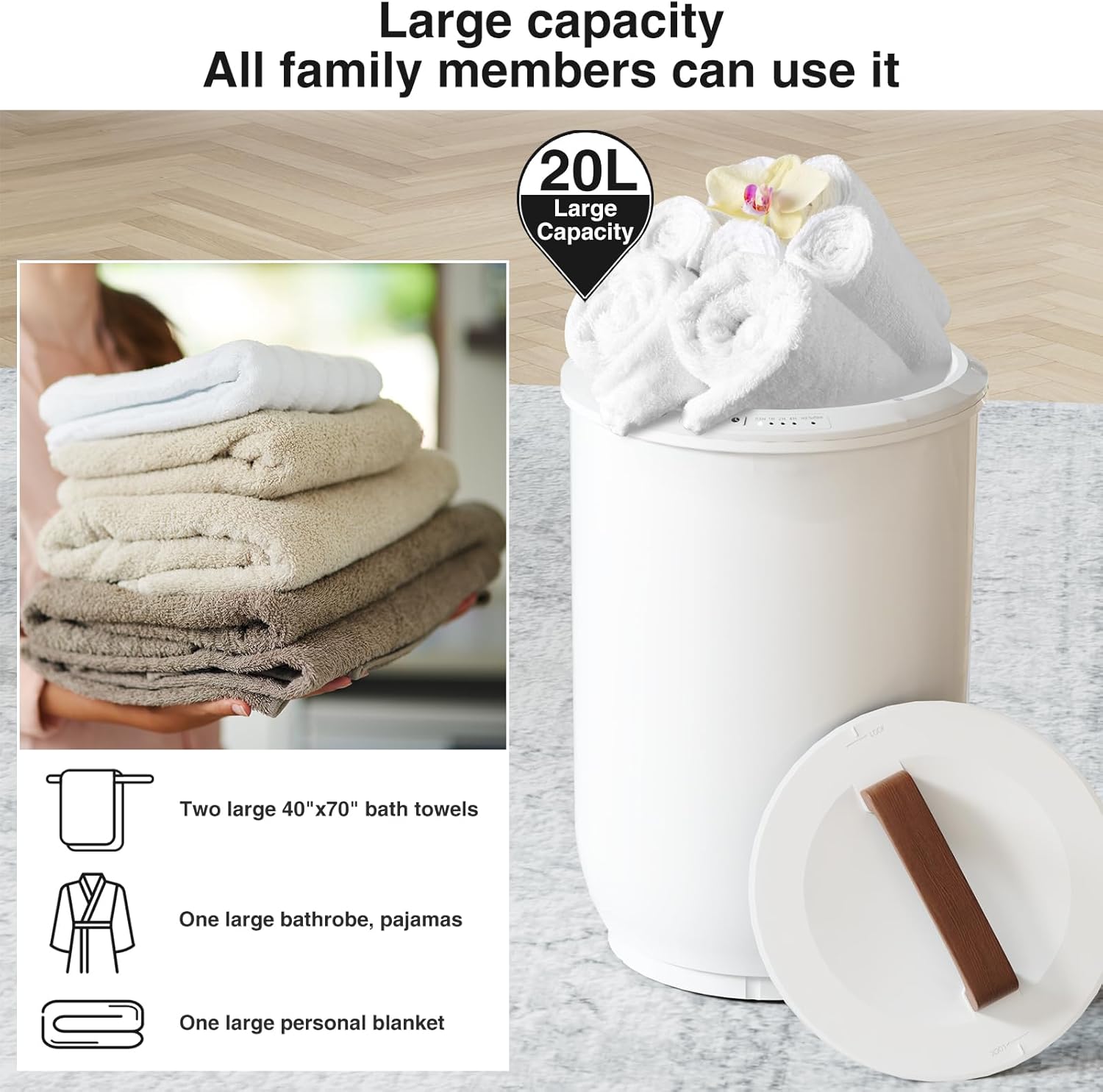 SAMEAT Calentadores de toallas con calefacción para baño, cubo grande para calentador, mango de madera, apagado automático, se adapta a hasta dos