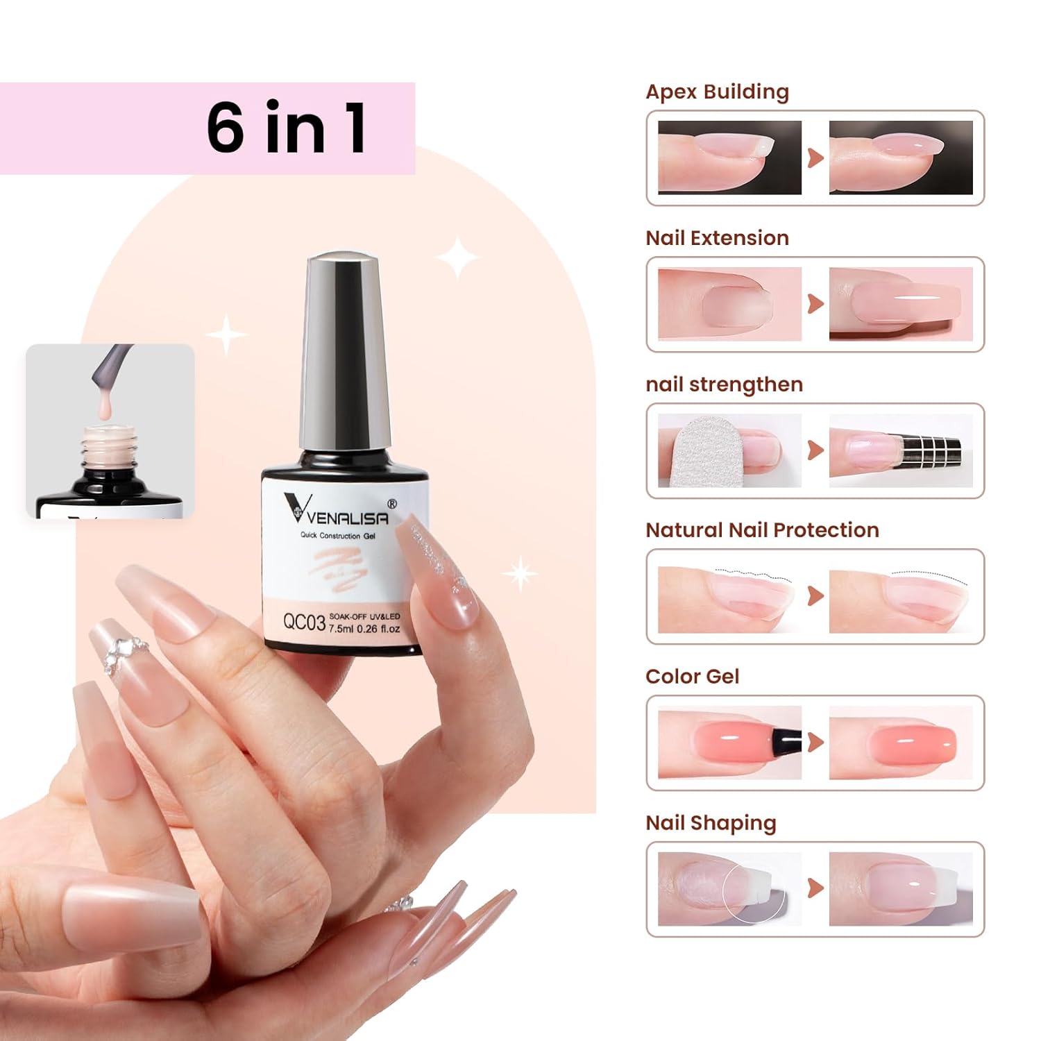 VENALISA – Juego de esmaltes de uñas de gel gel para uñas, color rosa nude, 6 colores neutros, transparentes, blanco lechoso, kit de manicura, arte