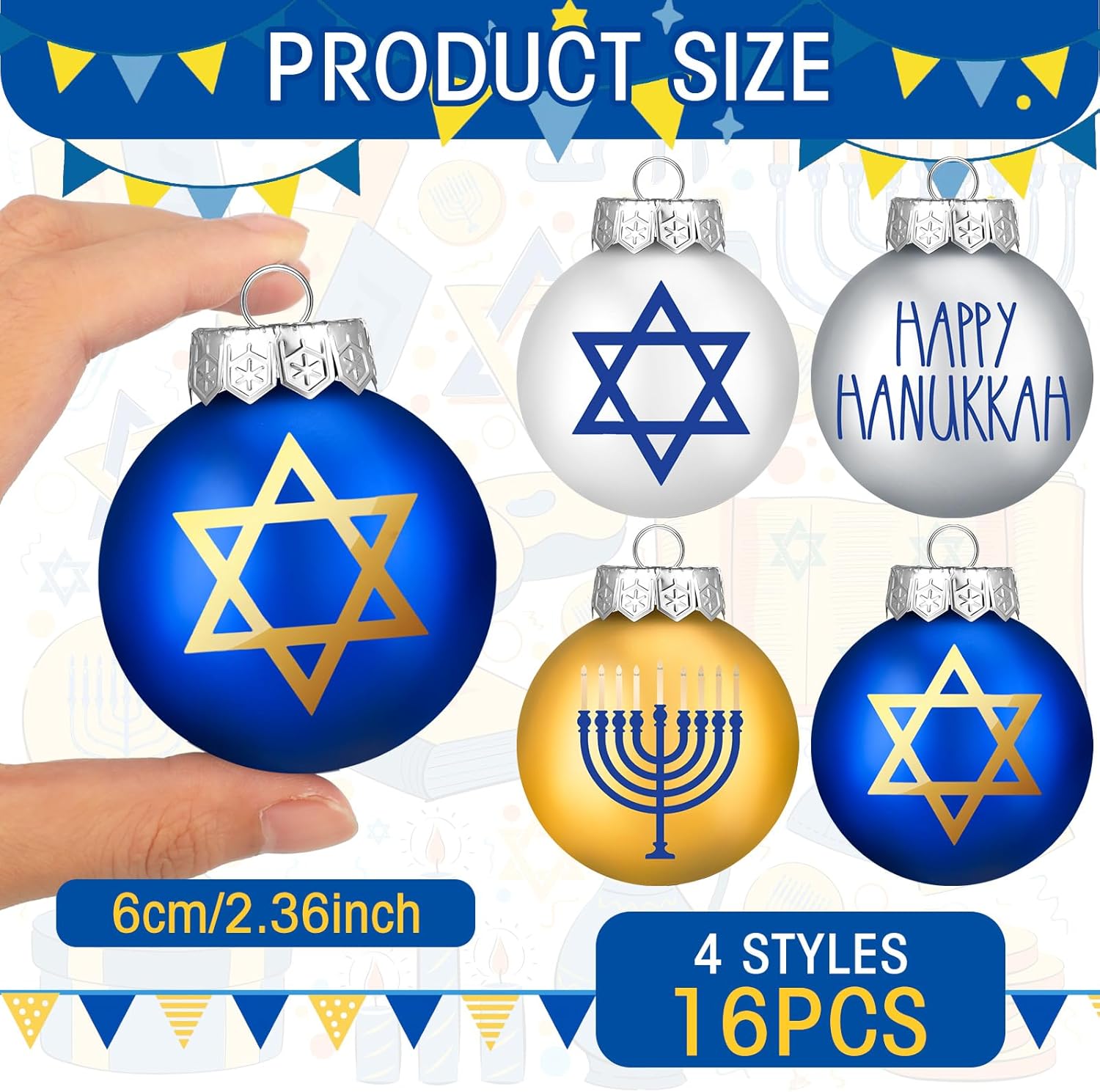 Tioncy 16 adornos de bola de Hanukkah, decoraciones judías de Janucá, juego de adornos de estrella de David, adornos decorativos de Janucá, bolas