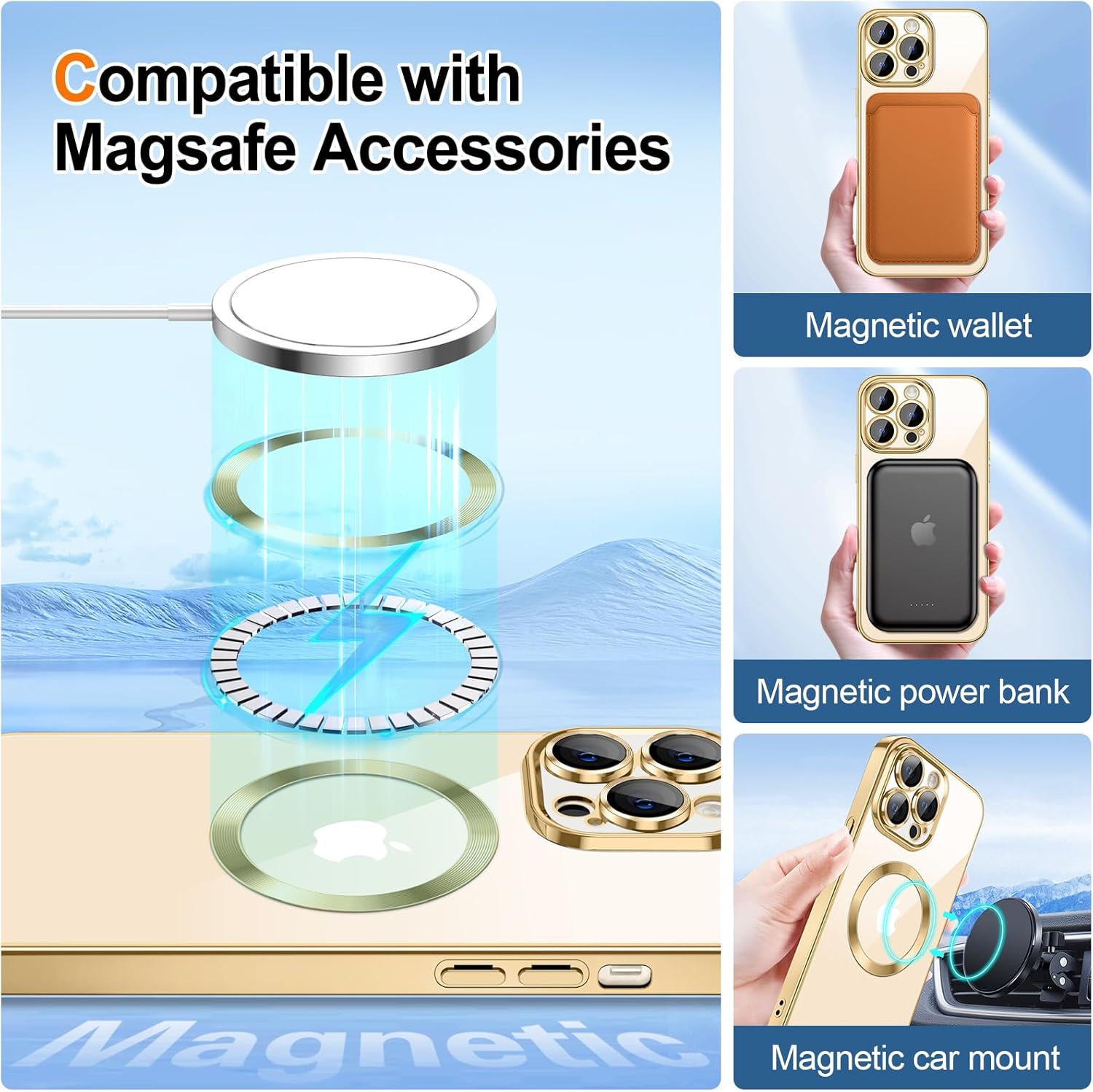 Hython Funda para iPhone 12 Pro Max con purpurina, fundas magnéticas transparentes para teléfono con protector de lente de cámara compatible con