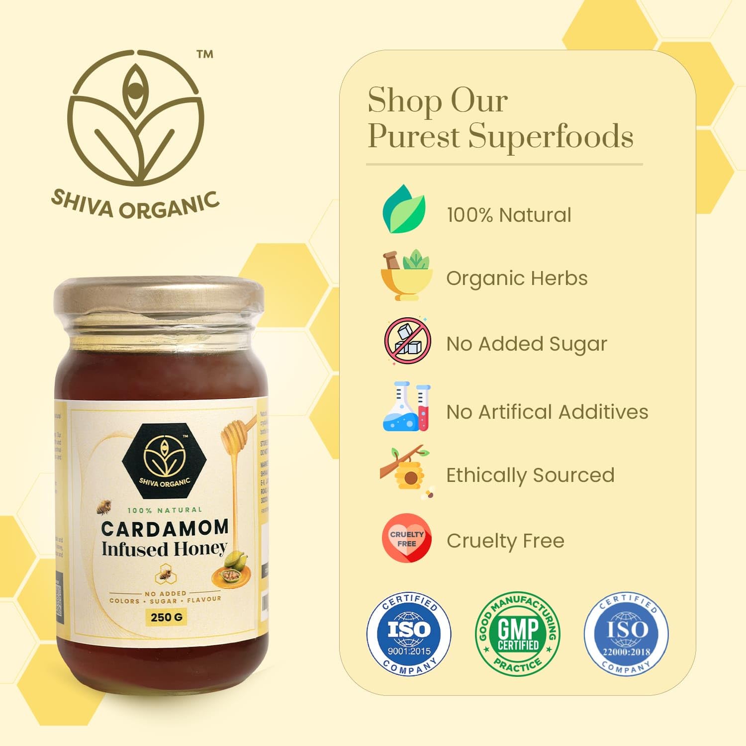 Shiva Organic Miel con infusión de cardamomo – Miel 100% natural y orgánica pura – Certificado GMP 8.81 onzas (8.82 oz))