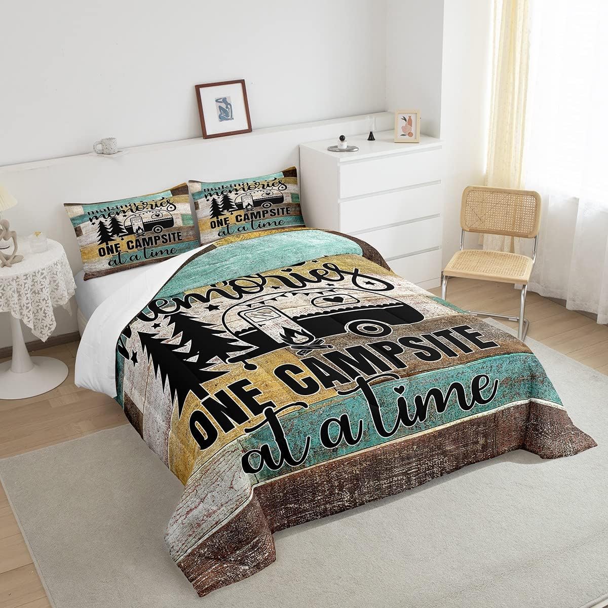 Juego de ropa de cama con temática de cámper, juego de edredón de cabaña de madera marrón y verde, tamaño matrimonial, 3 piezas, decoración de